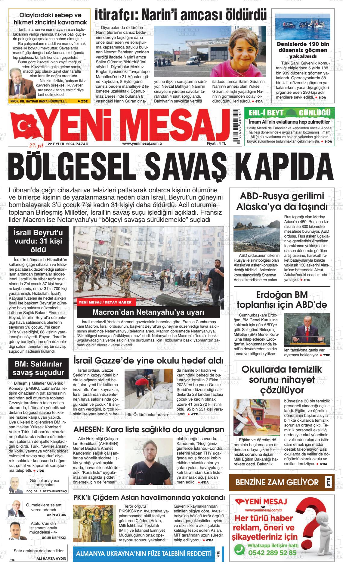 22 Eylül 2024 Yeni Mesaj Gazete Manşeti