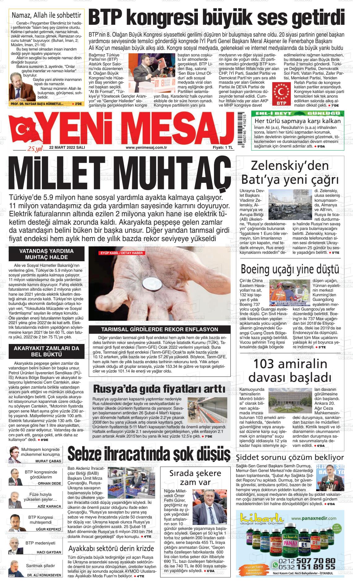 22 Mart 2022 Yeni Mesaj Gazete Manşeti