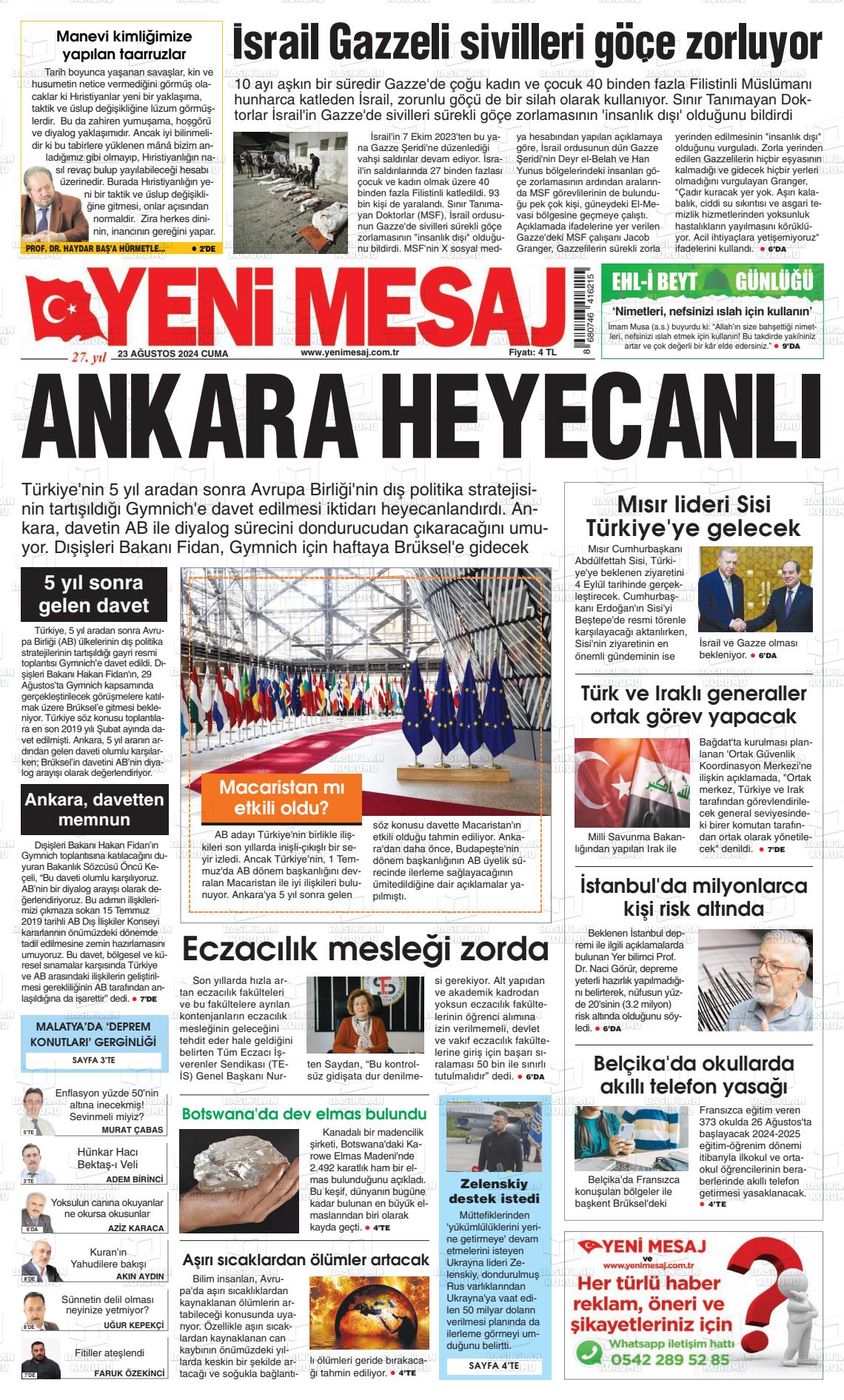 23 Ağustos 2024 Yeni Mesaj Gazete Manşeti