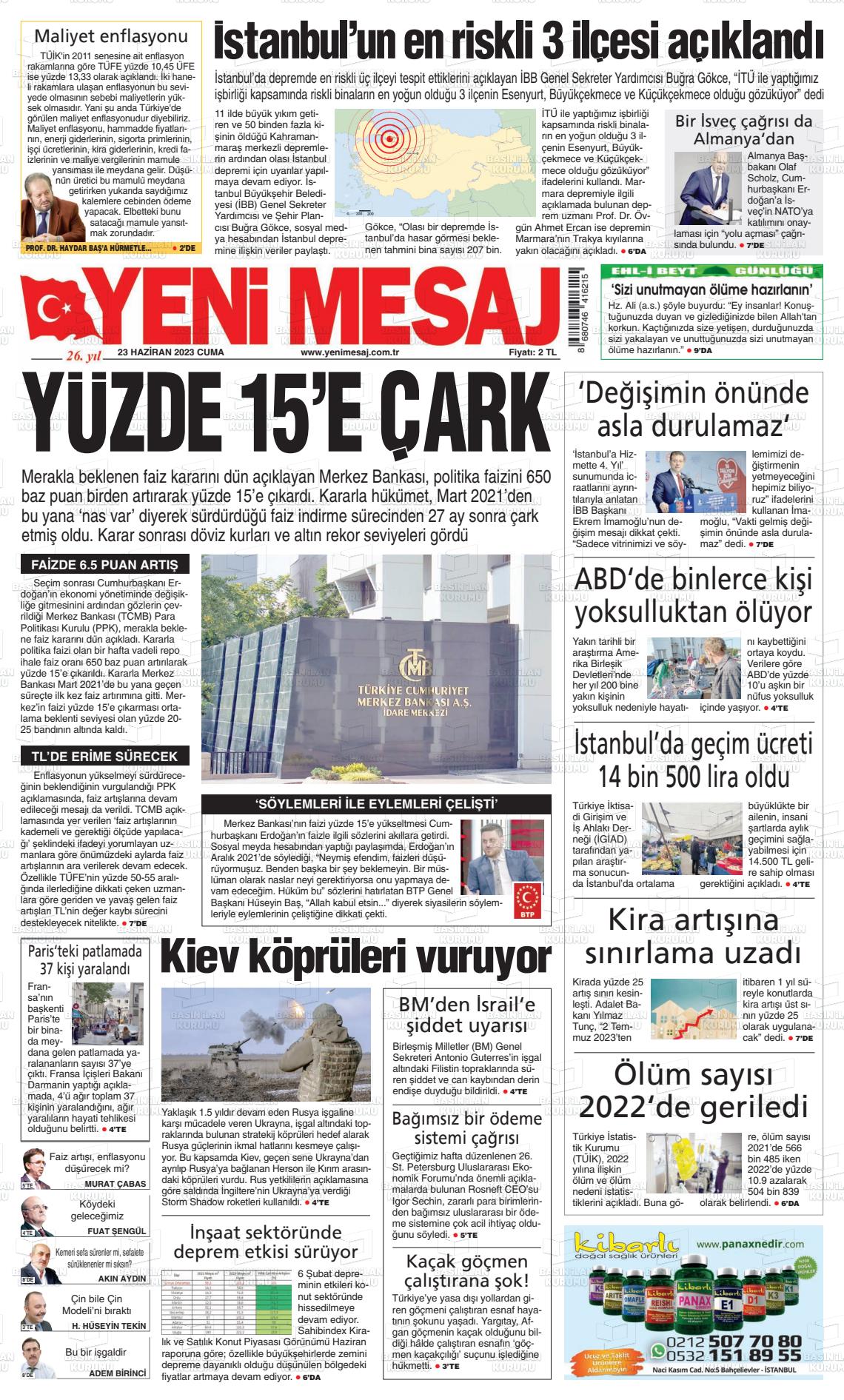 23 Haziran 2023 Yeni Mesaj Gazete Manşeti