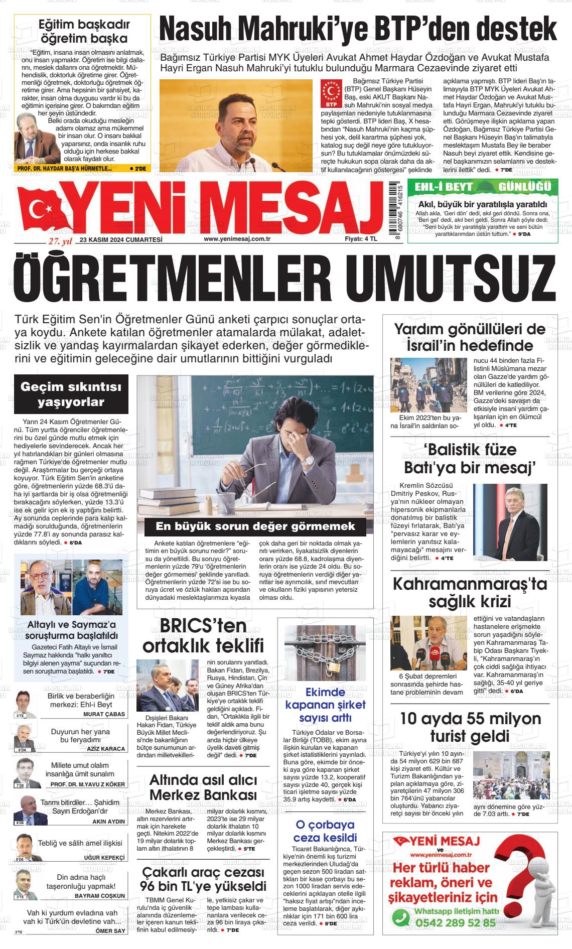 23 Kasım 2024 Yeni Mesaj Gazete Manşeti