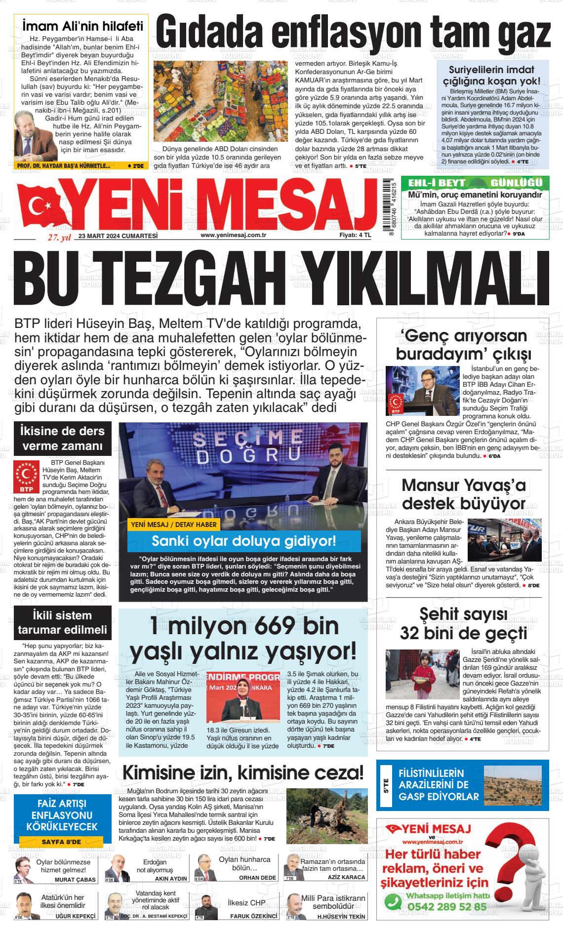 23 Mart 2024 Yeni Mesaj Gazete Manşeti