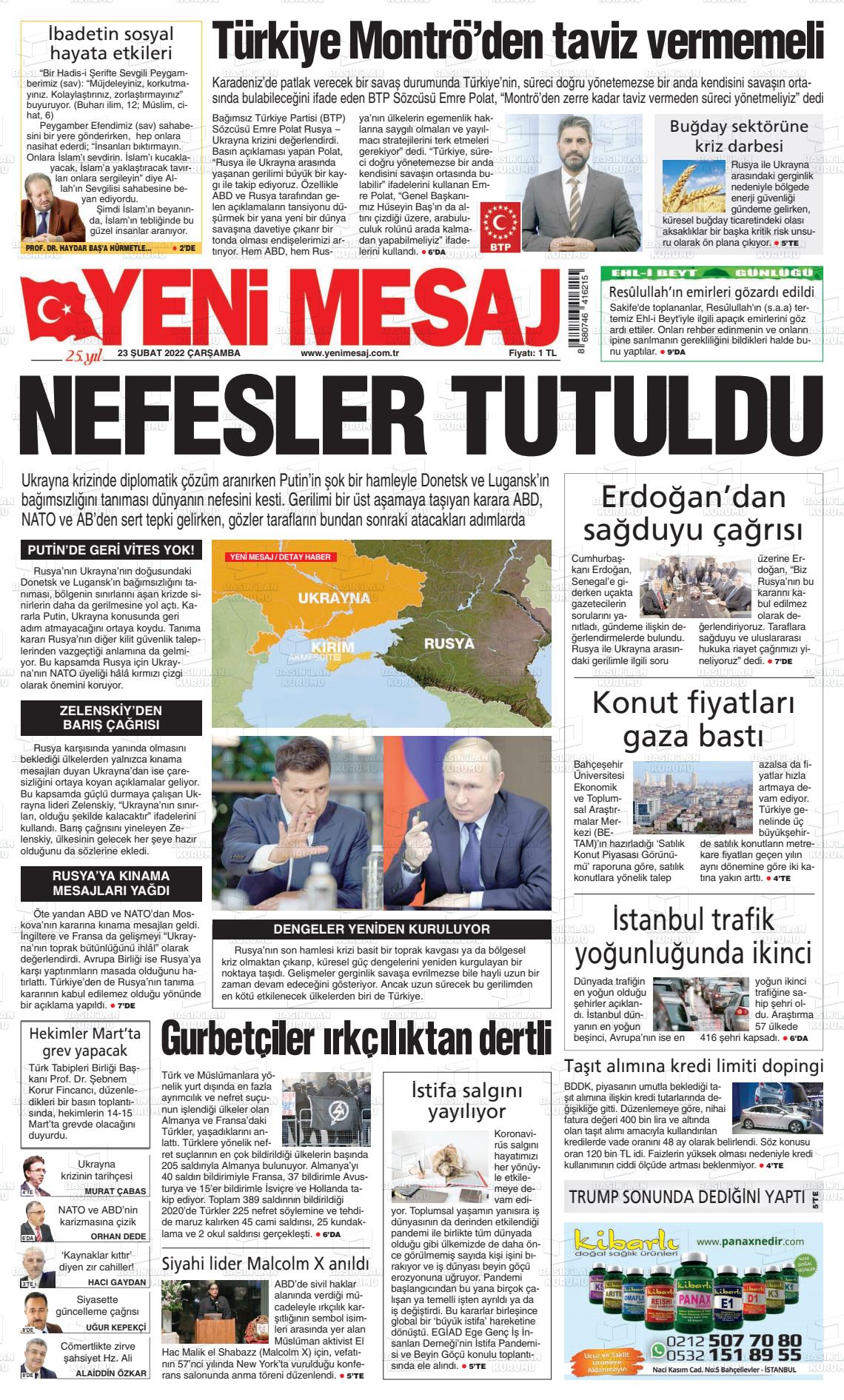 23 Şubat 2022 Yeni Mesaj Gazete Manşeti