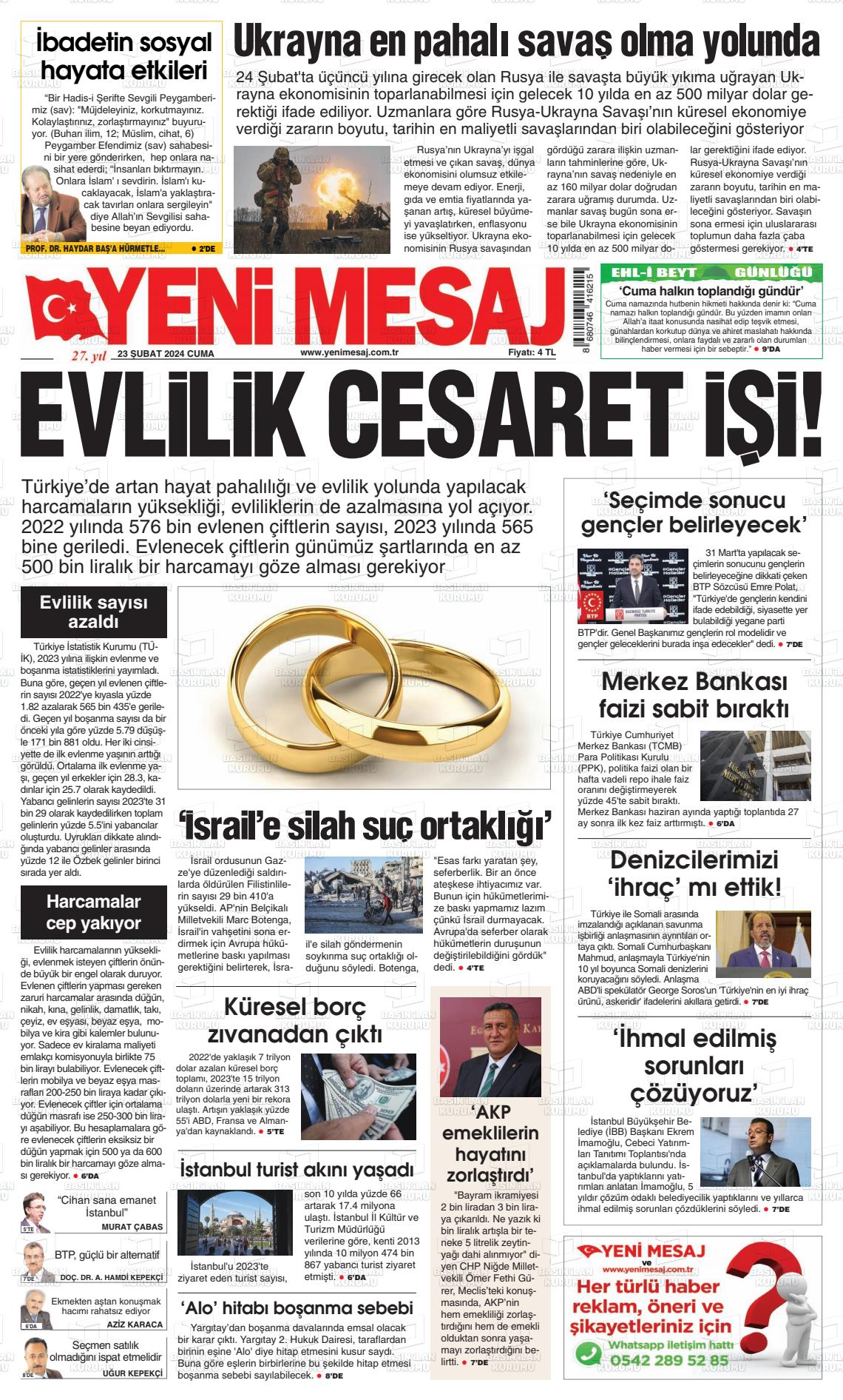 23 Şubat 2024 Yeni Mesaj Gazete Manşeti