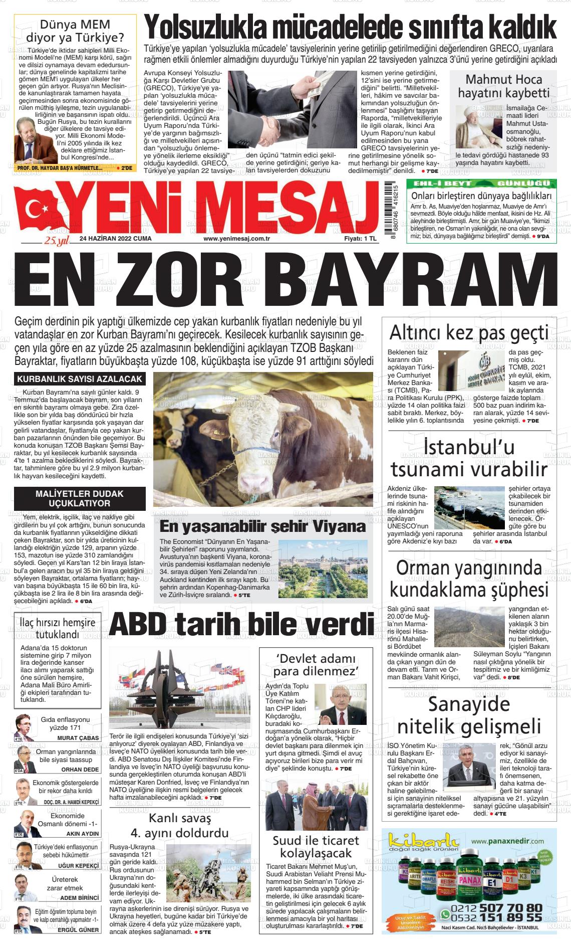 24 Haziran 2022 Yeni Mesaj Gazete Manşeti