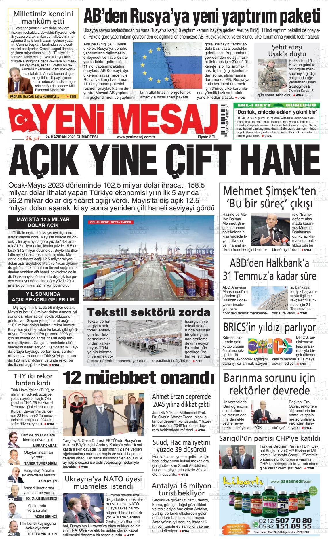 24 Haziran 2023 Yeni Mesaj Gazete Manşeti