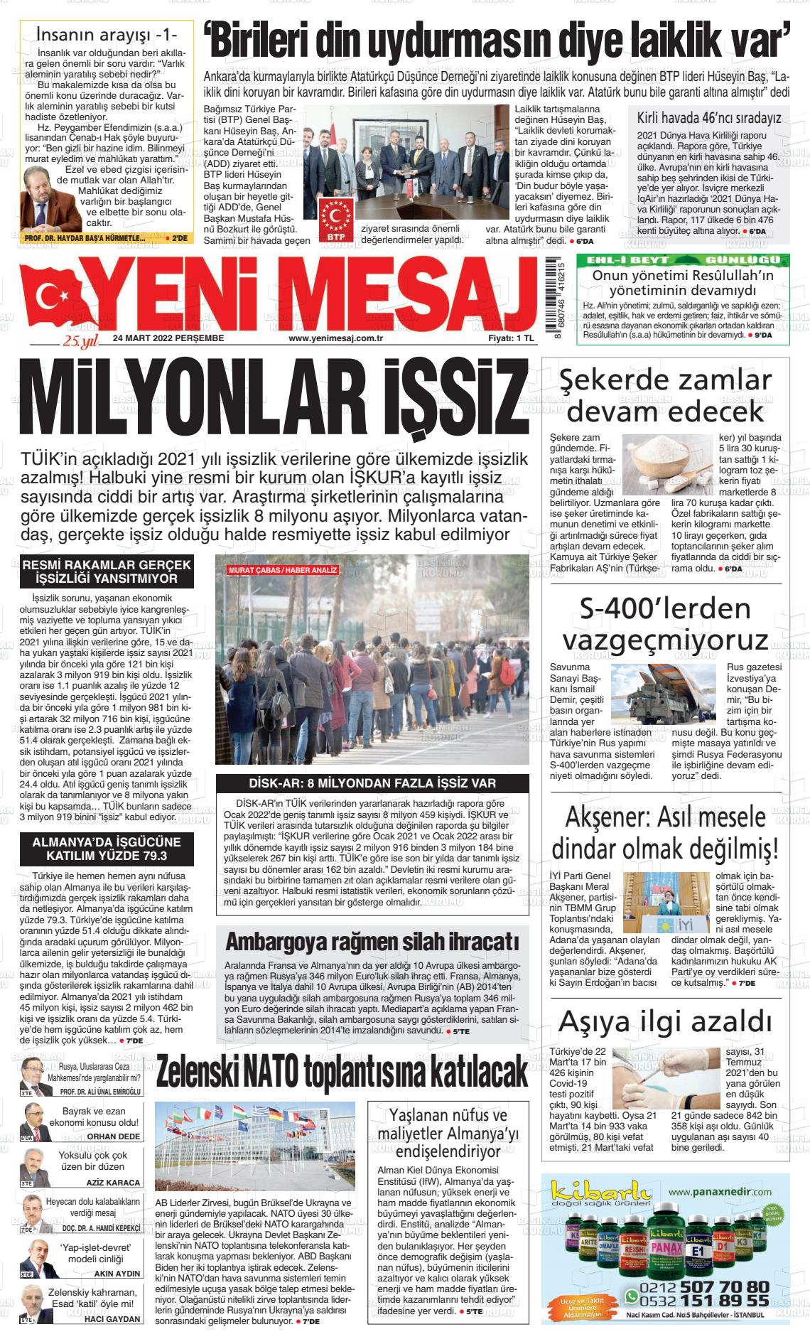 24 Mart 2022 Yeni Mesaj Gazete Manşeti