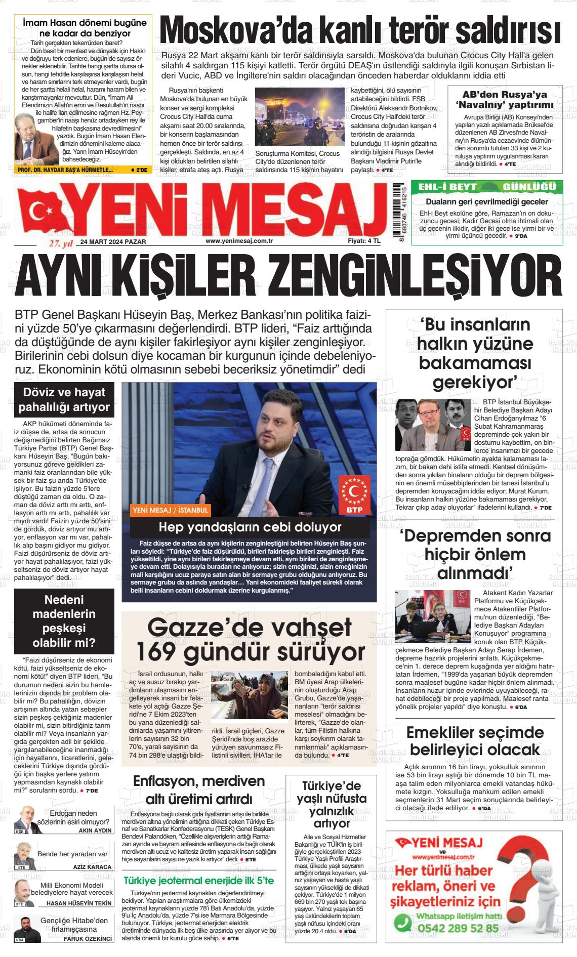 24 Mart 2024 Yeni Mesaj Gazete Manşeti