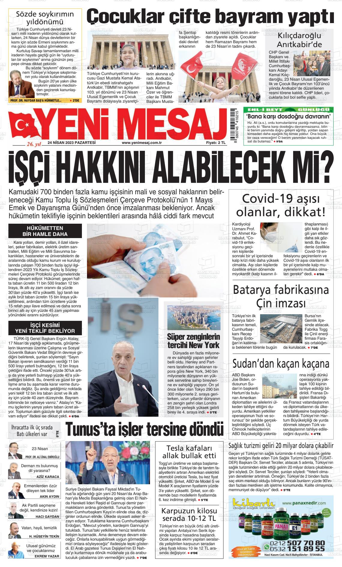 24 Nisan 2023 Yeni Mesaj Gazete Manşeti