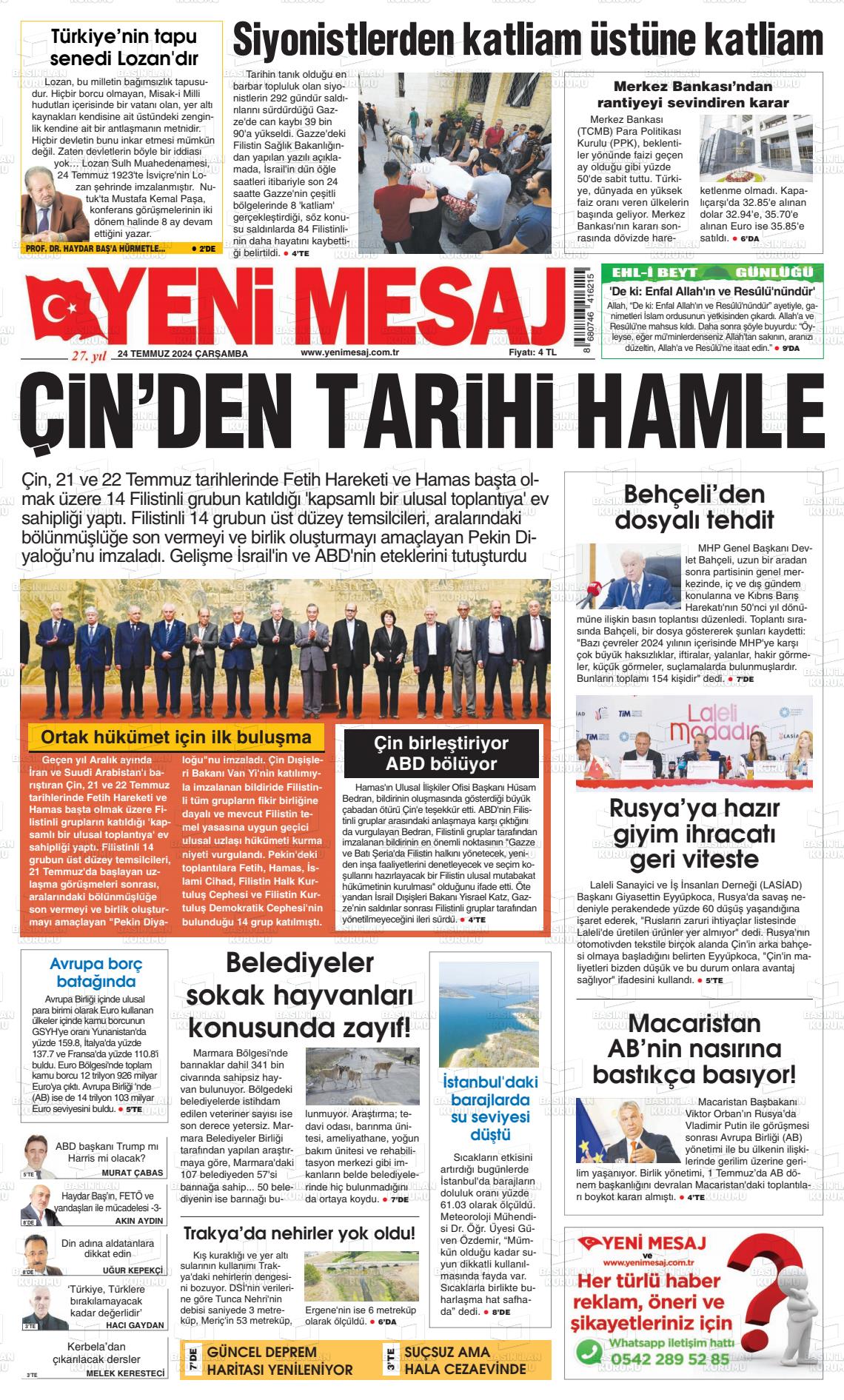 24 Temmuz 2024 Yeni Mesaj Gazete Manşeti