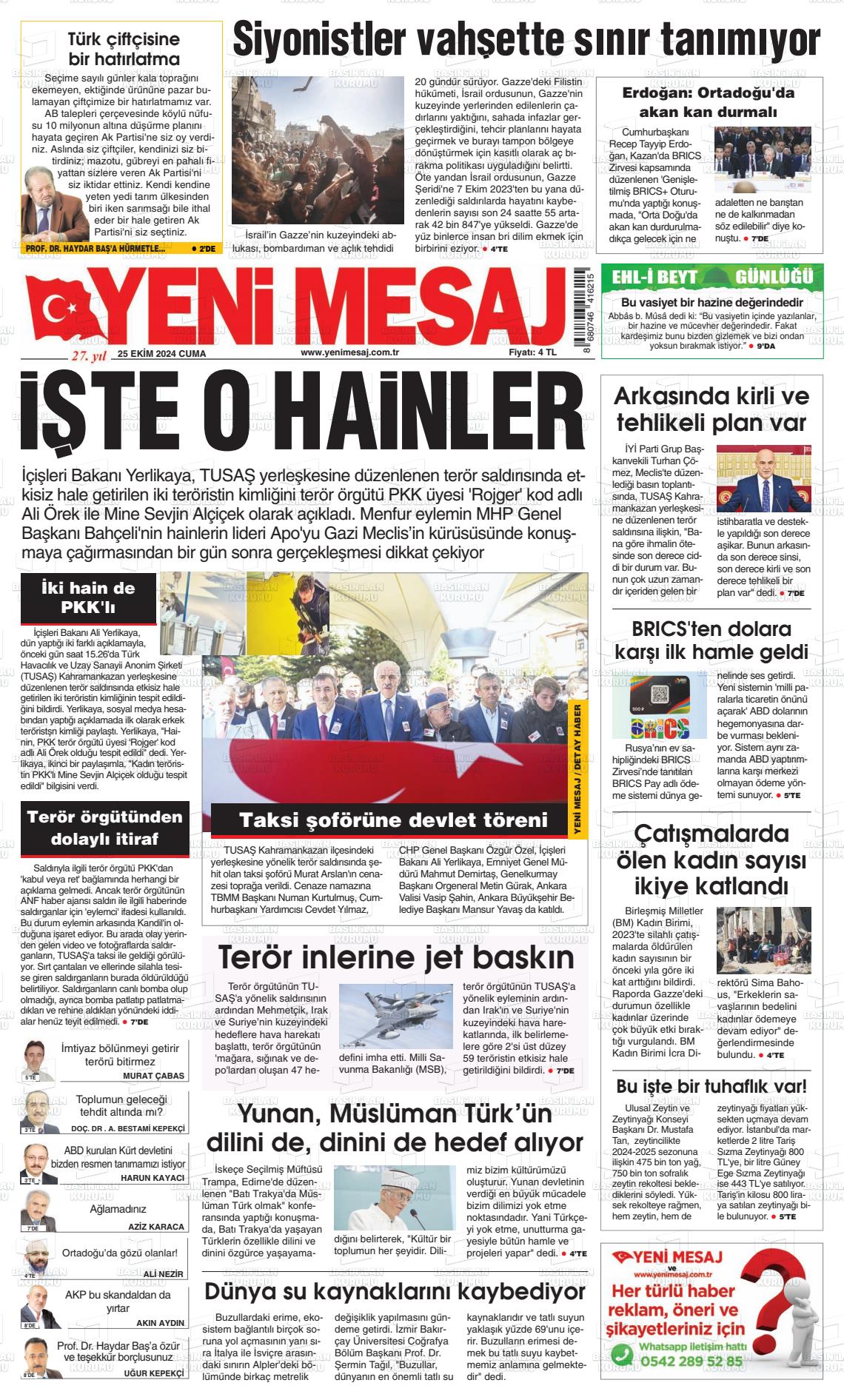 26 Ekim 2024 Yeni Mesaj Gazete Manşeti