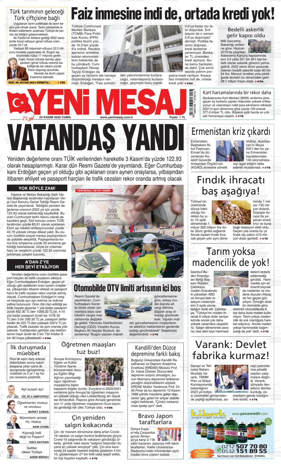 25 Kasım 2022 Yeni Mesaj Gazete Manşeti