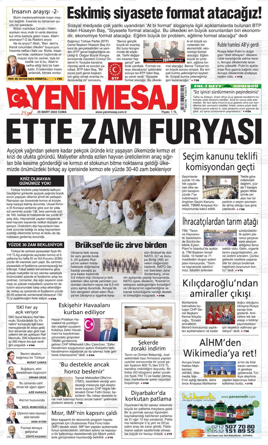 25 Mart 2022 Yeni Mesaj Gazete Manşeti