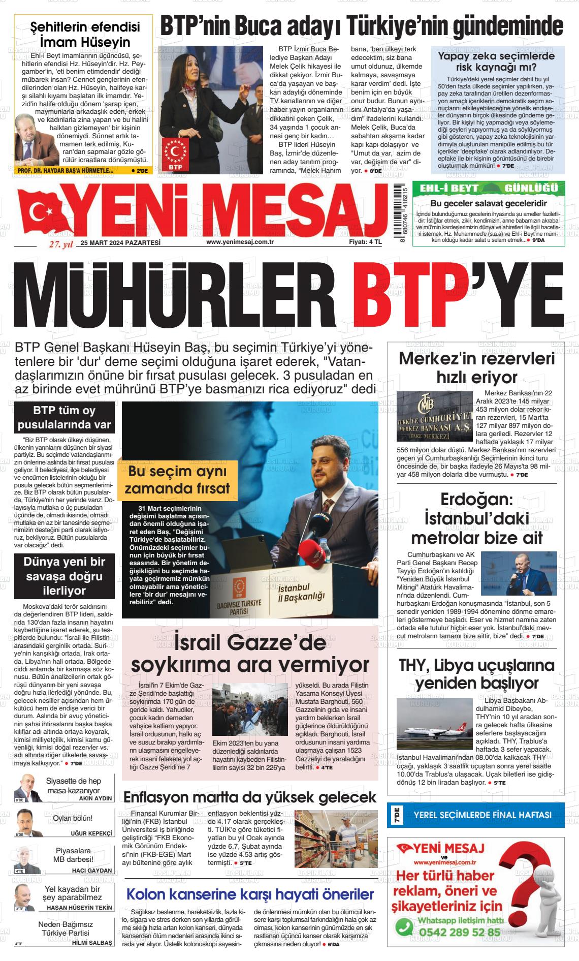 25 Mart 2024 Yeni Mesaj Gazete Manşeti