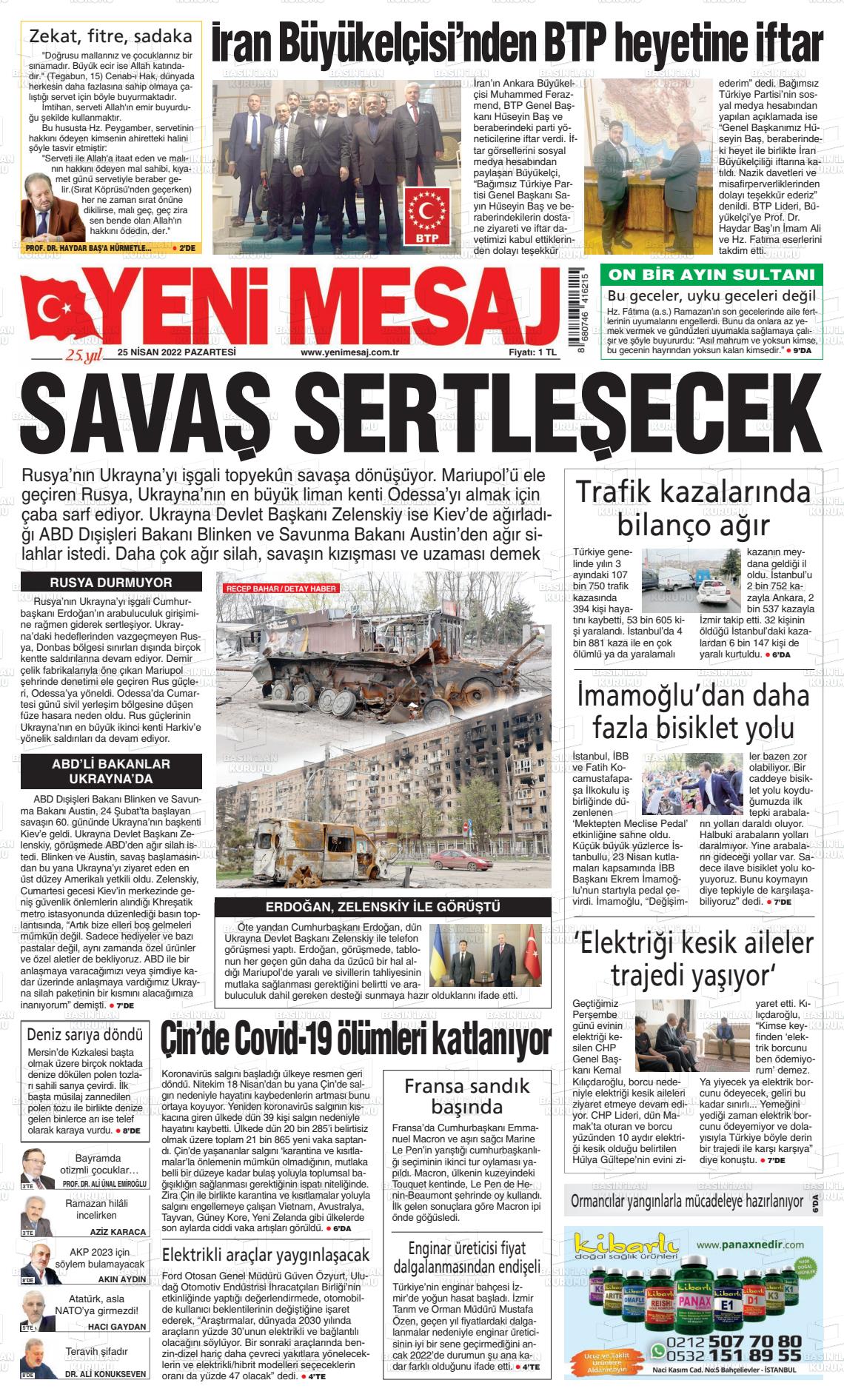 25 Nisan 2022 Yeni Mesaj Gazete Manşeti