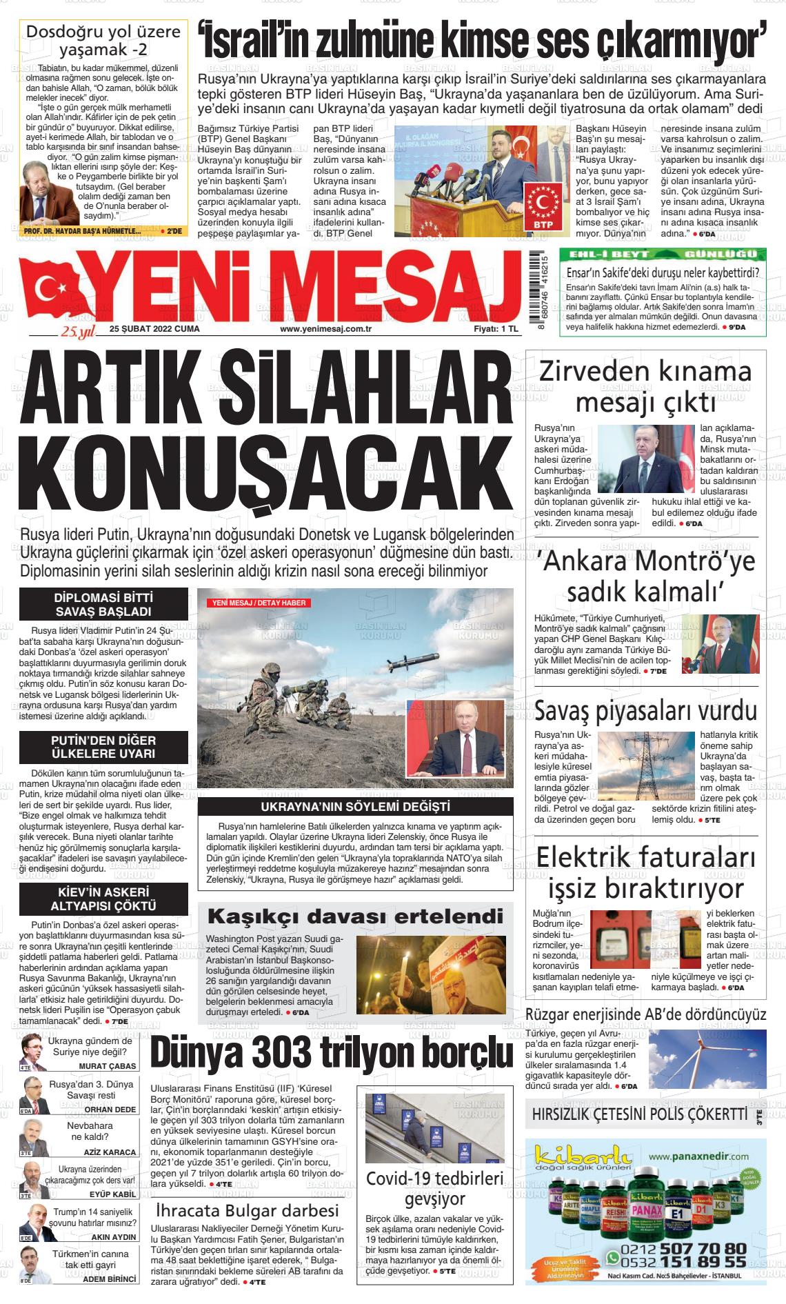 25 Şubat 2022 Yeni Mesaj Gazete Manşeti