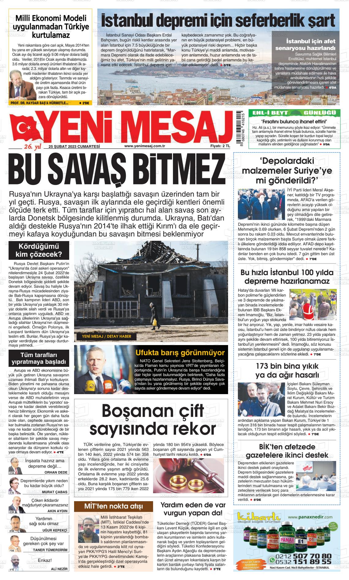 25 Şubat 2023 Yeni Mesaj Gazete Manşeti