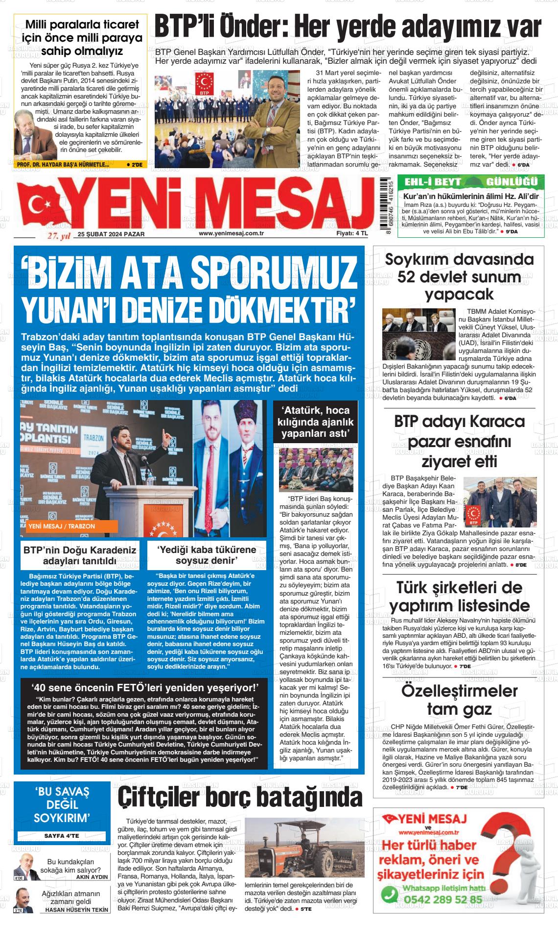 25 Şubat 2024 Yeni Mesaj Gazete Manşeti