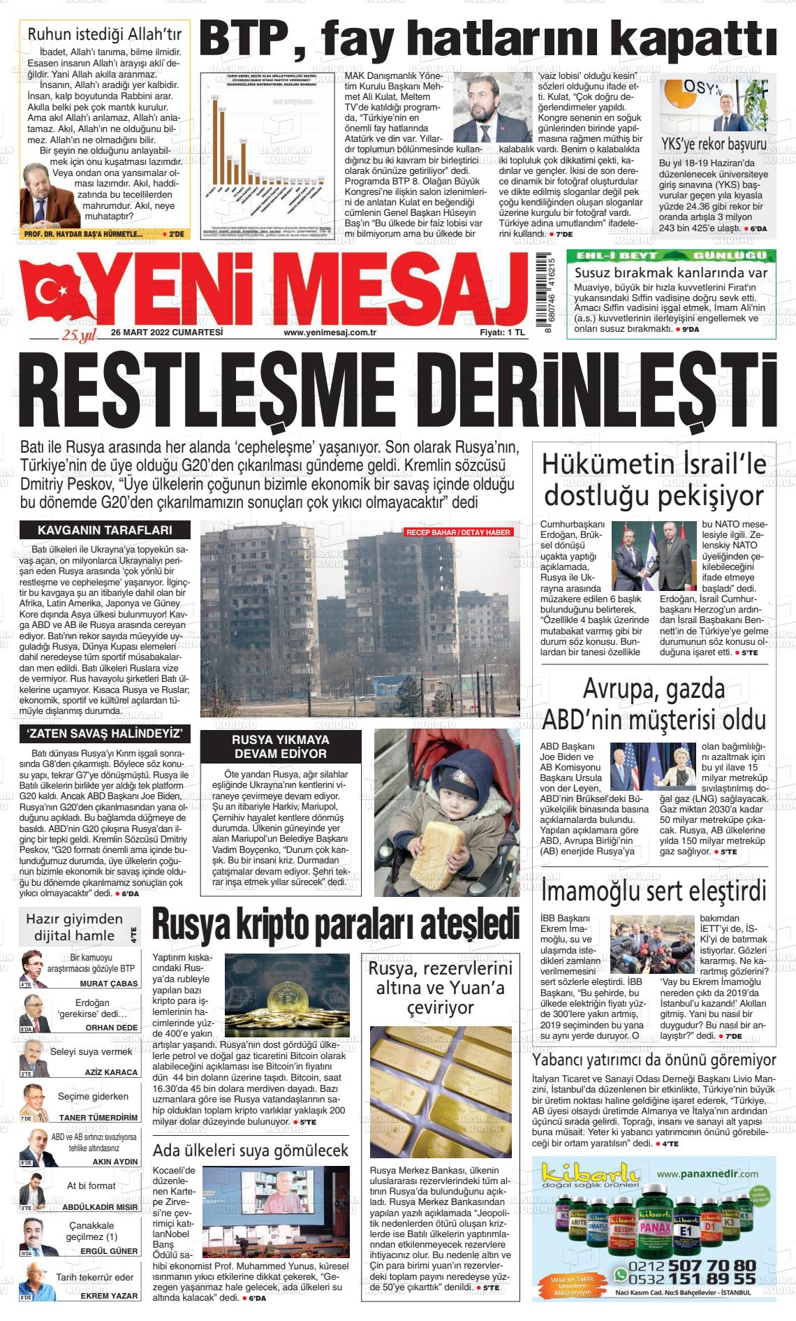 26 Mart 2022 Yeni Mesaj Gazete Manşeti