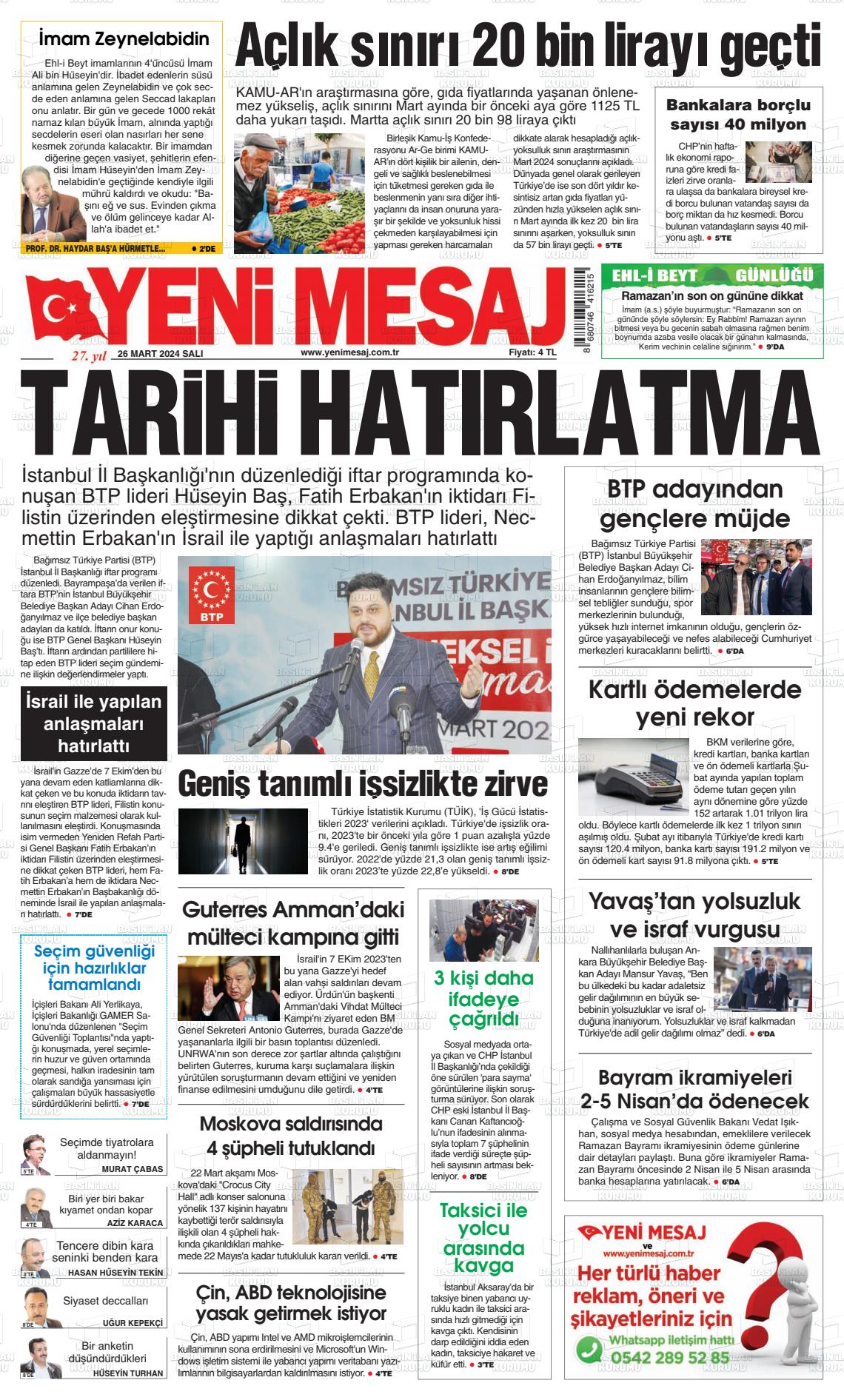 26 Mart 2024 Yeni Mesaj Gazete Manşeti