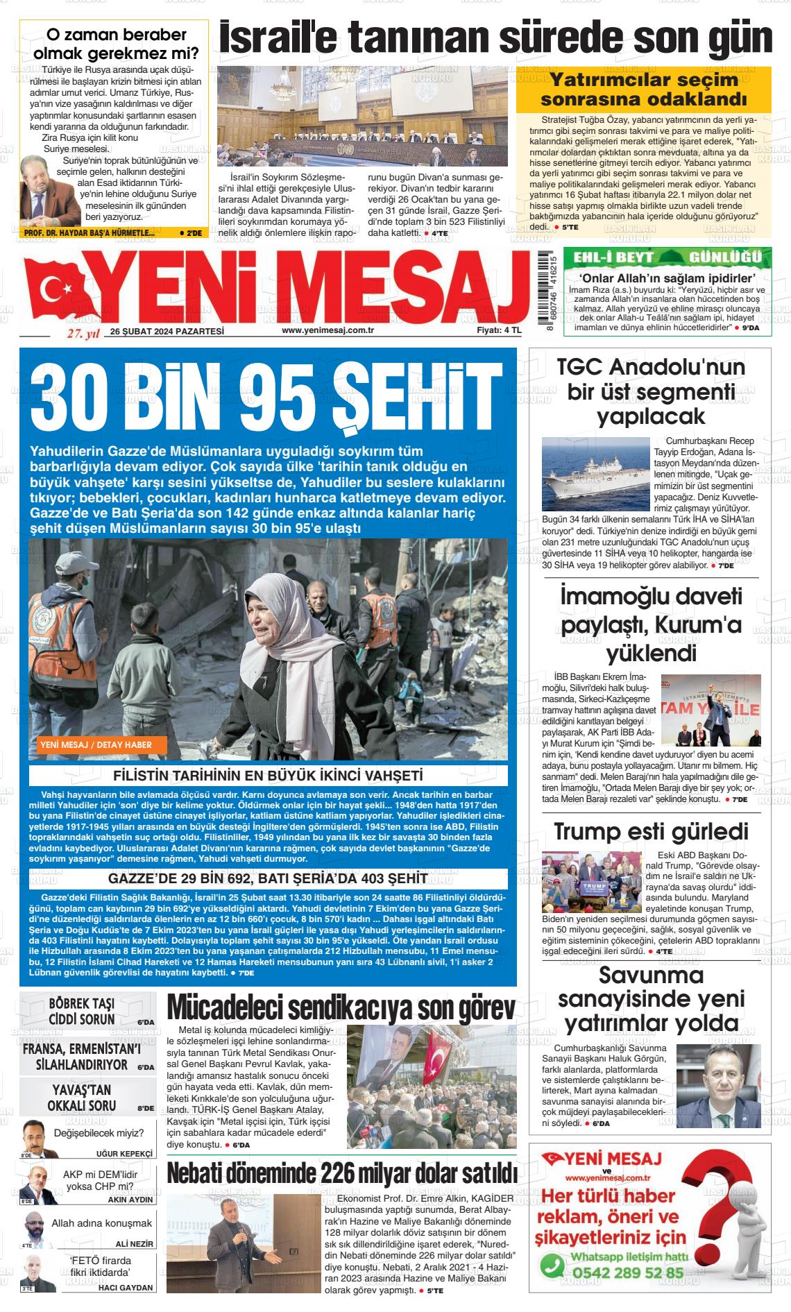 26 Şubat 2024 Yeni Mesaj Gazete Manşeti