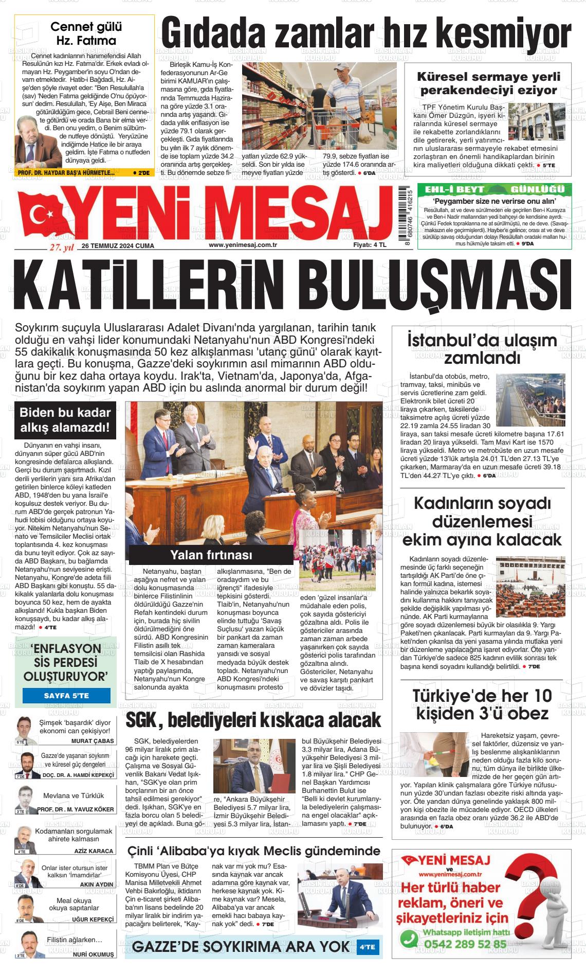 27 Temmuz 2024 Yeni Mesaj Gazete Manşeti