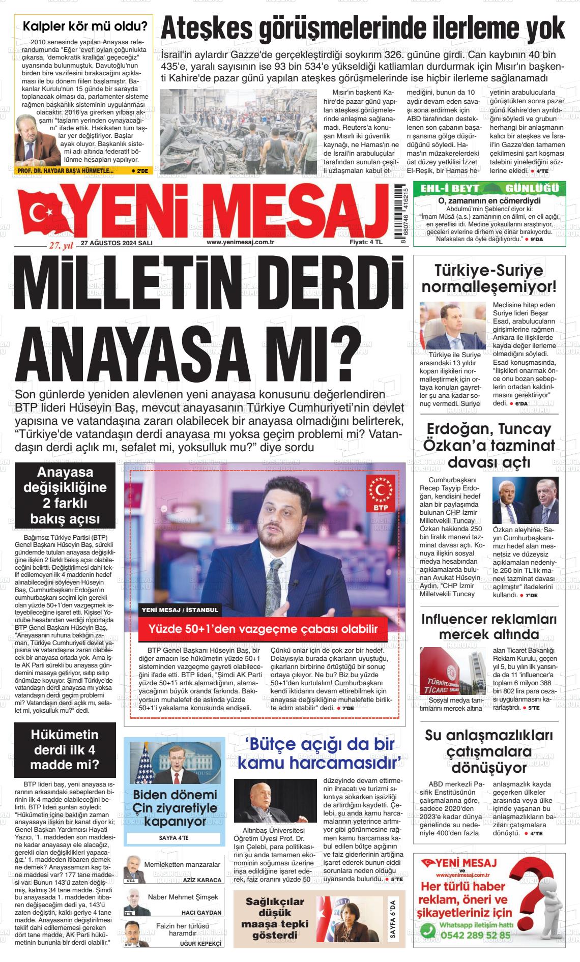 27 Ağustos 2024 Yeni Mesaj Gazete Manşeti