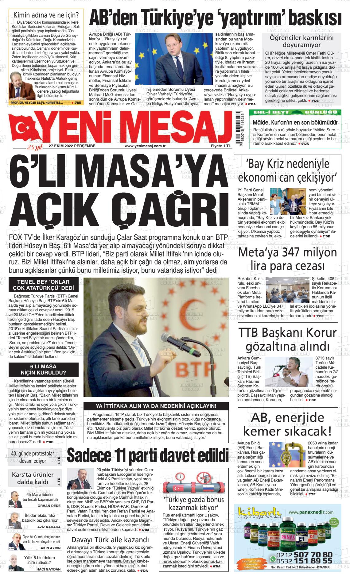 27 Ekim 2022 Yeni Mesaj Gazete Manşeti