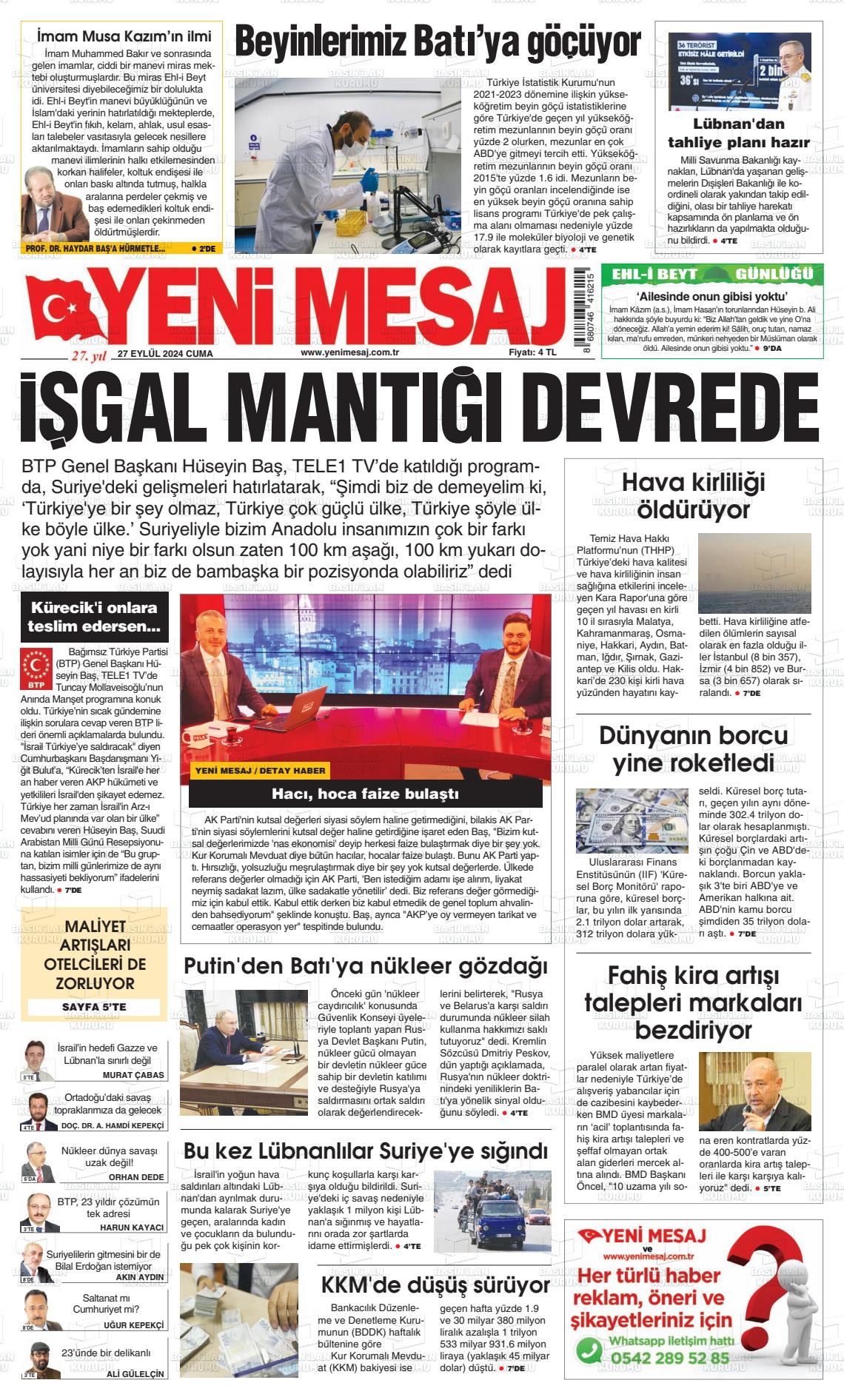 27 Eylül 2024 Yeni Mesaj Gazete Manşeti