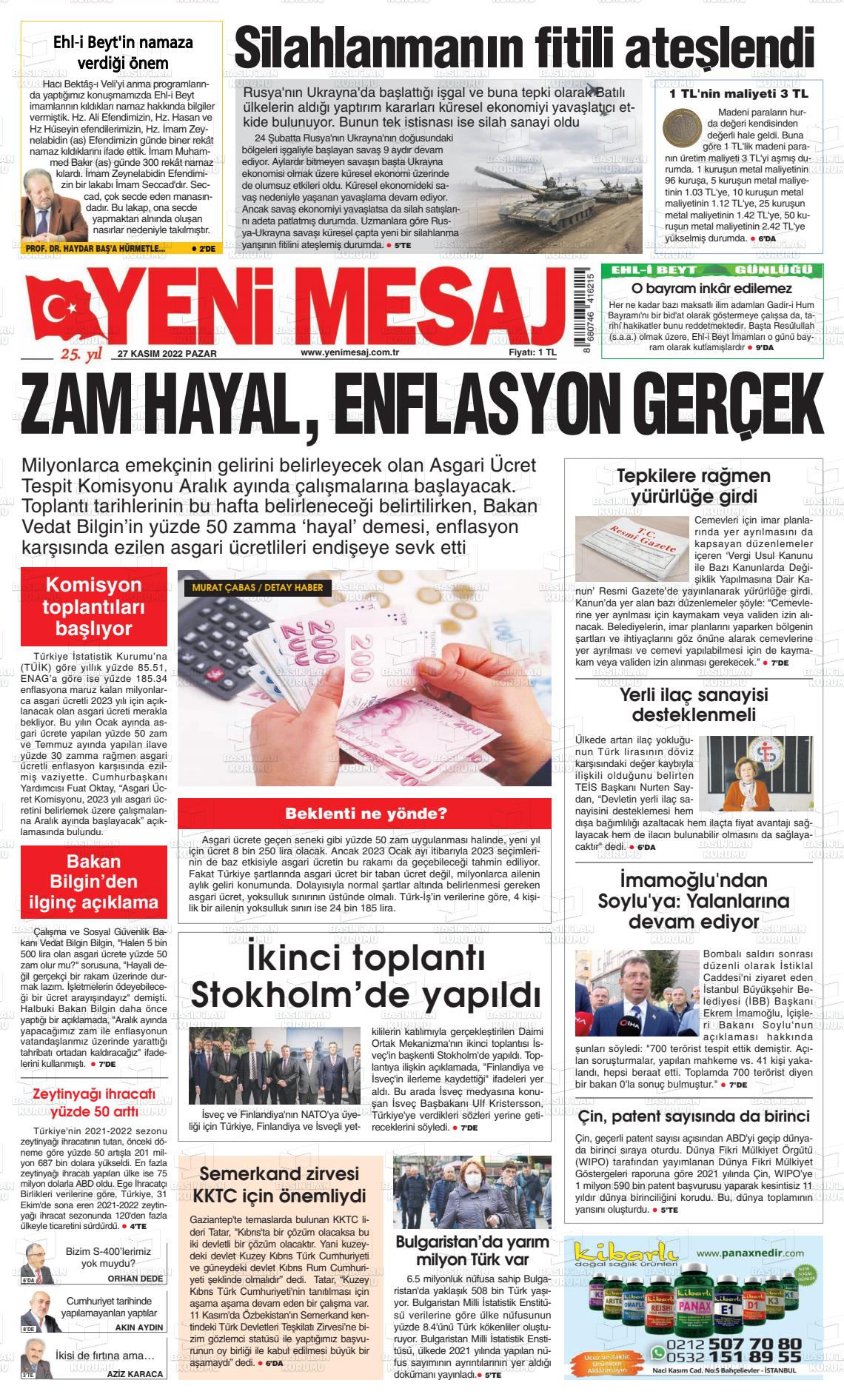 27 Kasım 2022 Yeni Mesaj Gazete Manşeti