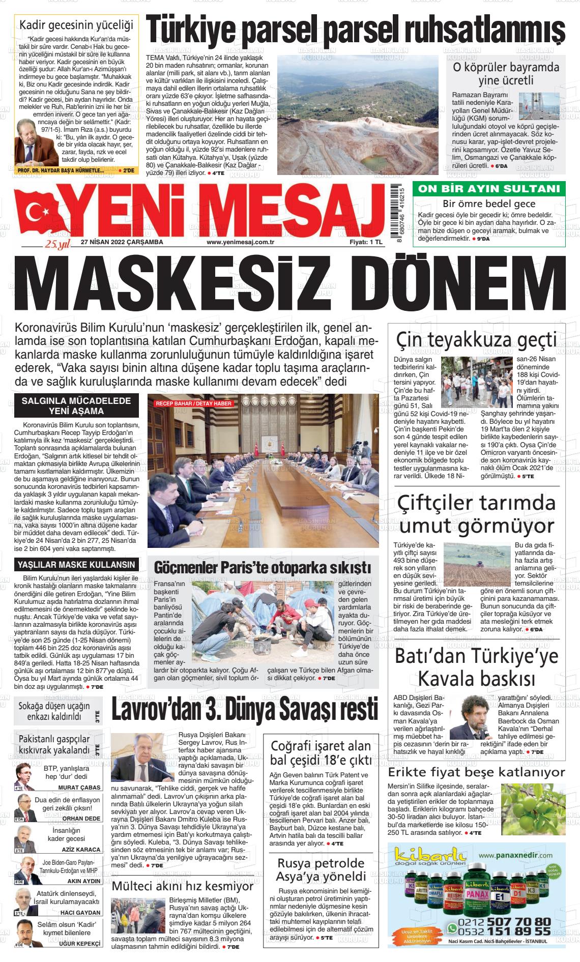 27 Nisan 2022 Yeni Mesaj Gazete Manşeti