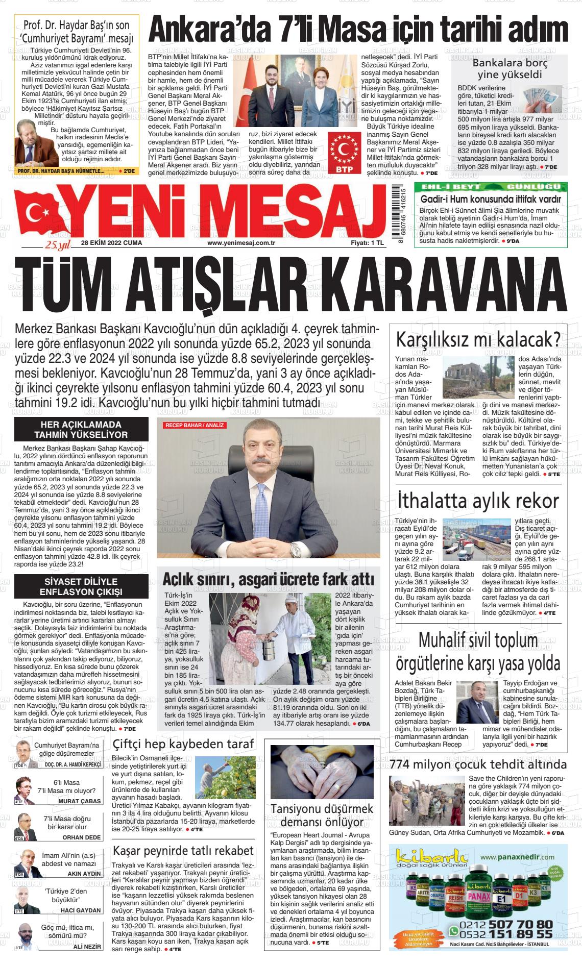 28 Ekim 2022 Yeni Mesaj Gazete Manşeti