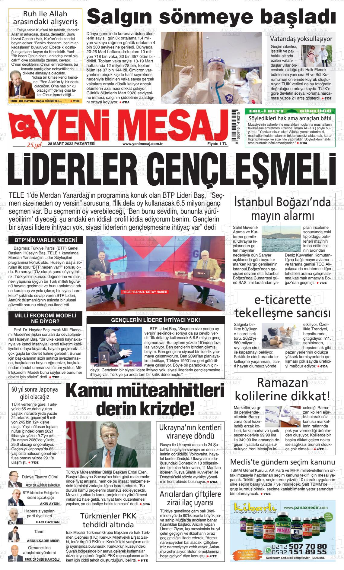 28 Mart 2022 Yeni Mesaj Gazete Manşeti