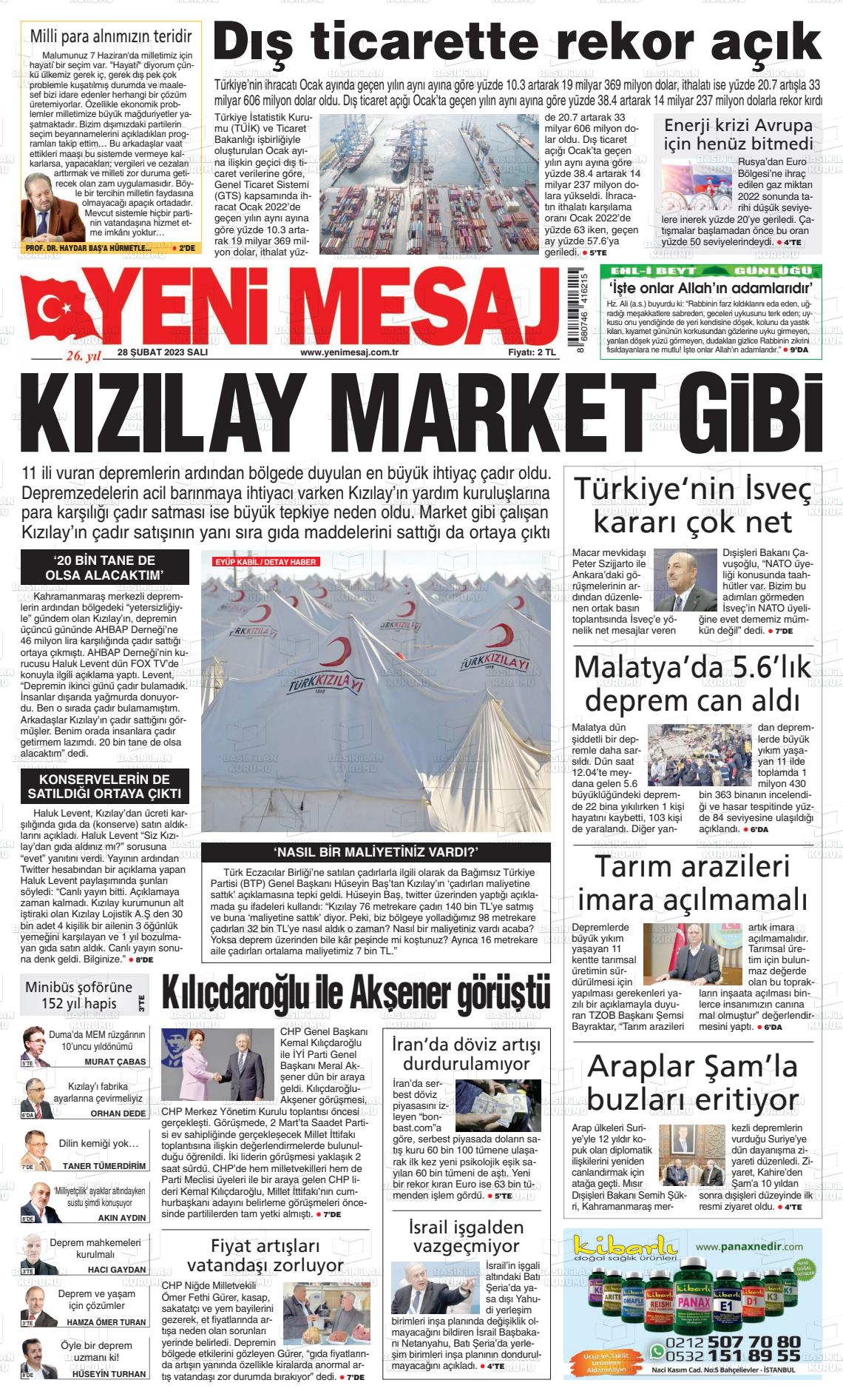 28 Şubat 2023 Yeni Mesaj Gazete Manşeti