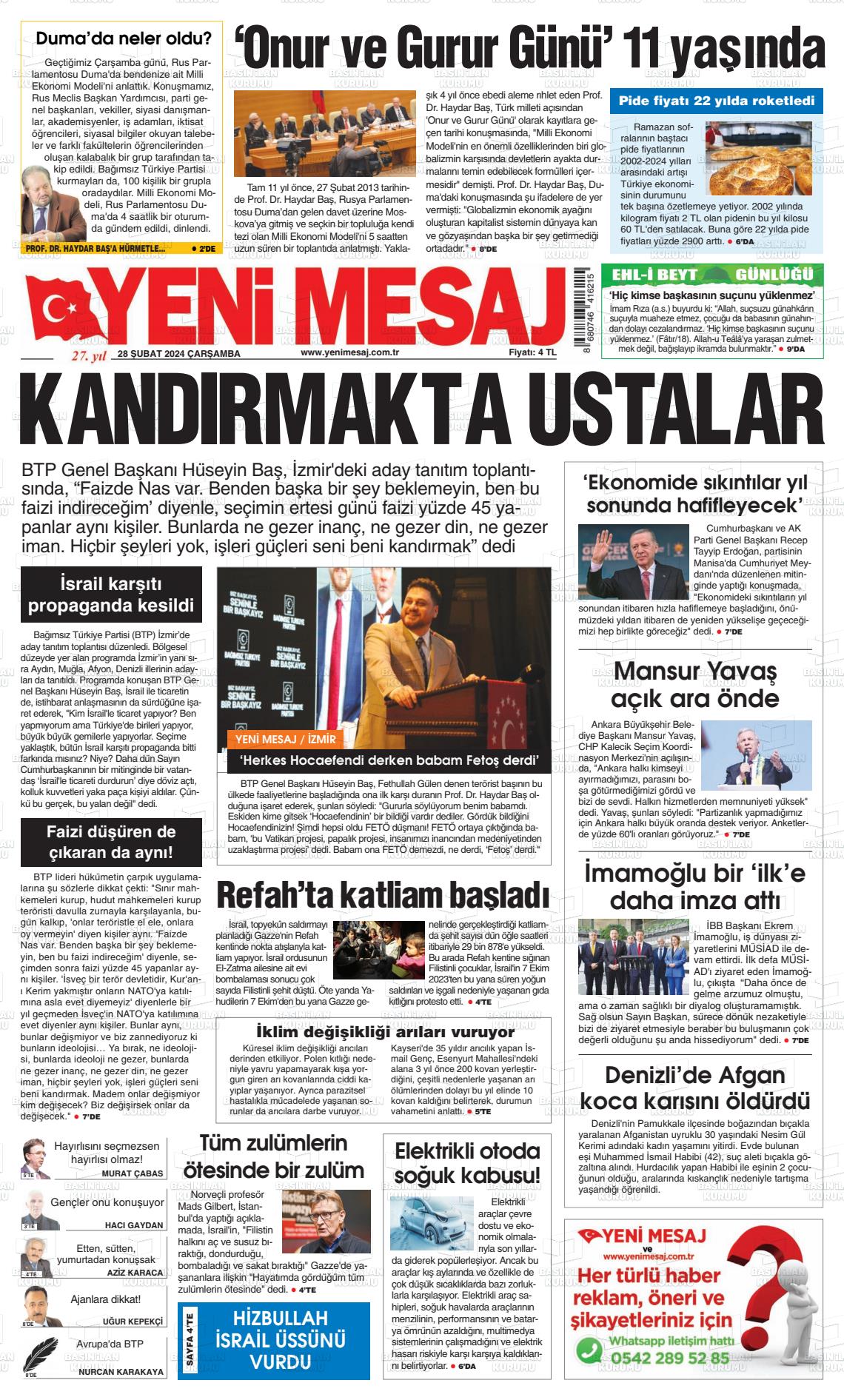 28 Şubat 2024 Yeni Mesaj Gazete Manşeti