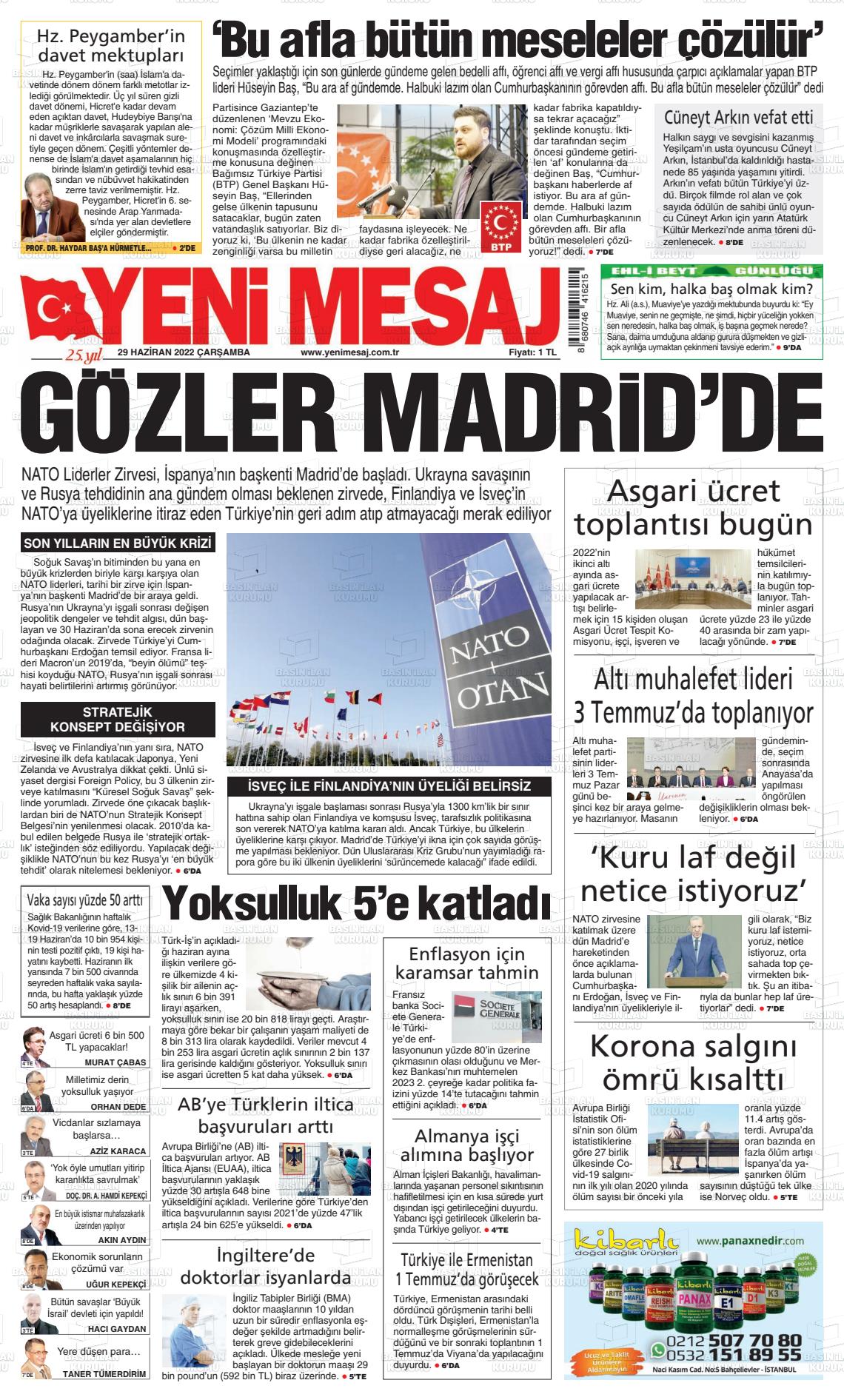 29 Haziran 2022 Yeni Mesaj Gazete Manşeti