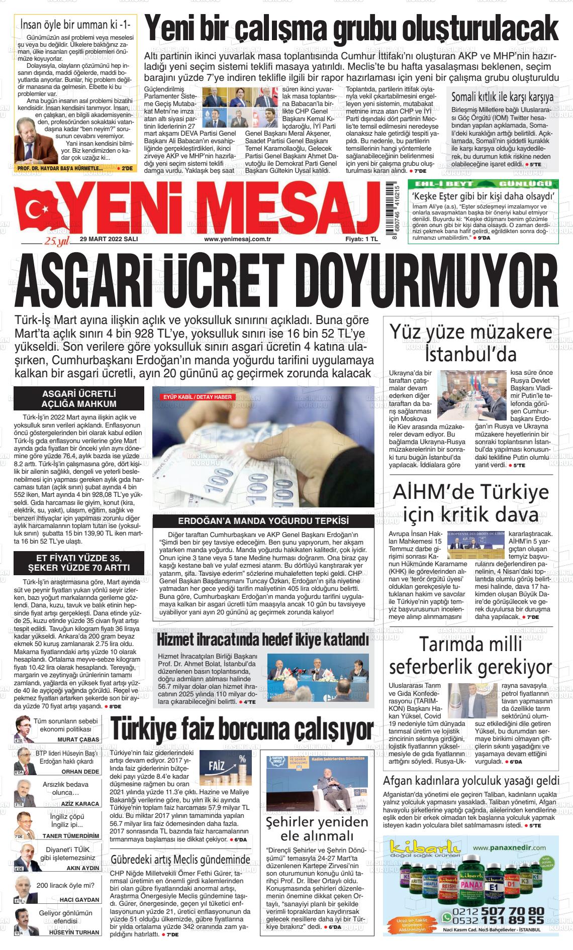 29 Mart 2022 Yeni Mesaj Gazete Manşeti