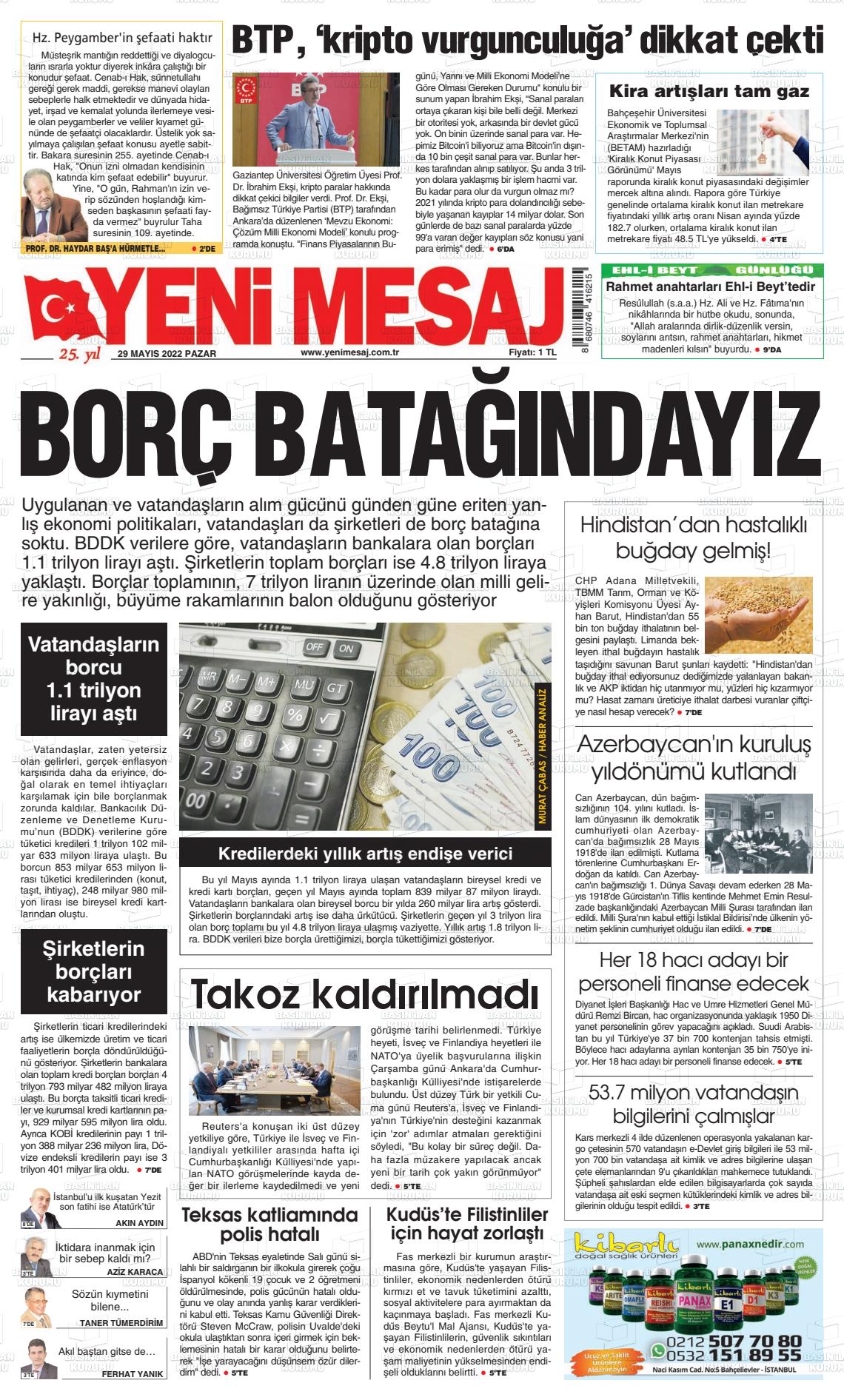 29 Mayıs 2022 Yeni Mesaj Gazete Manşeti