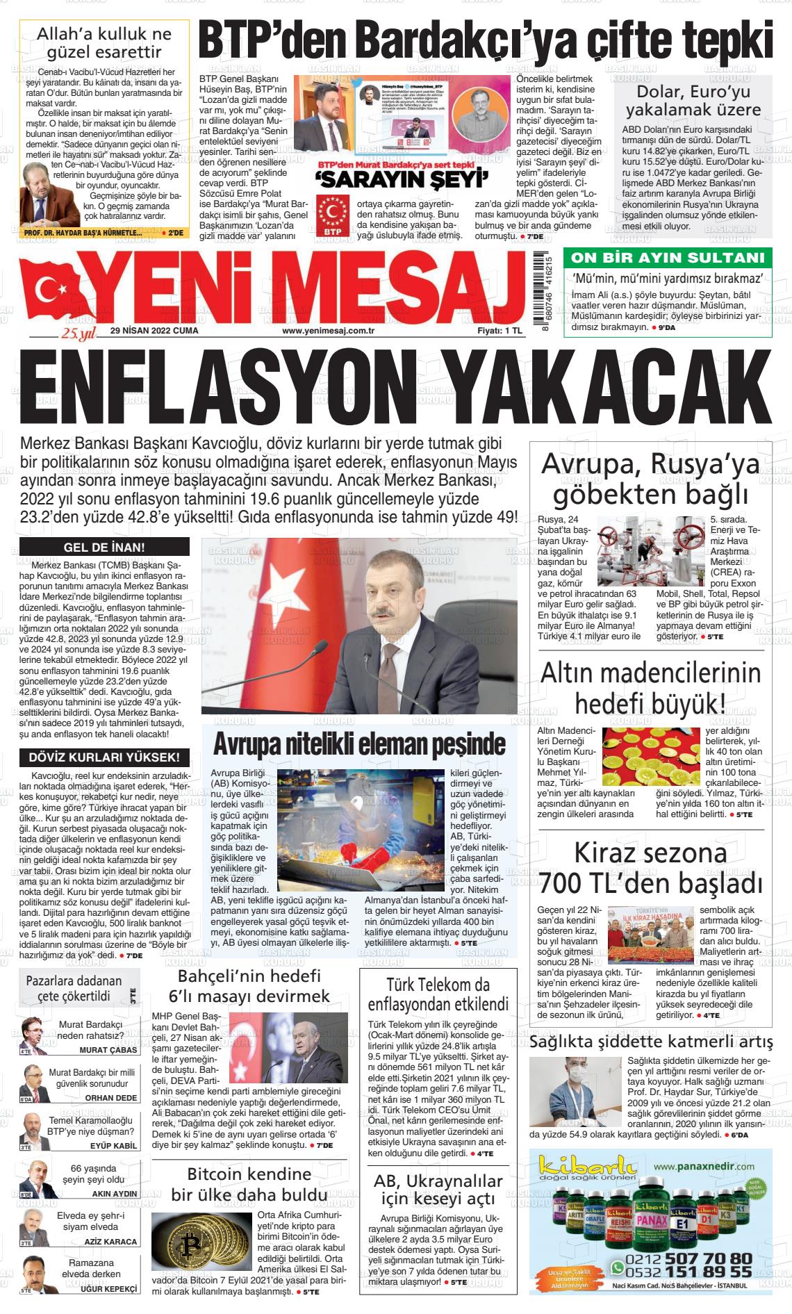 29 Nisan 2022 Yeni Mesaj Gazete Manşeti