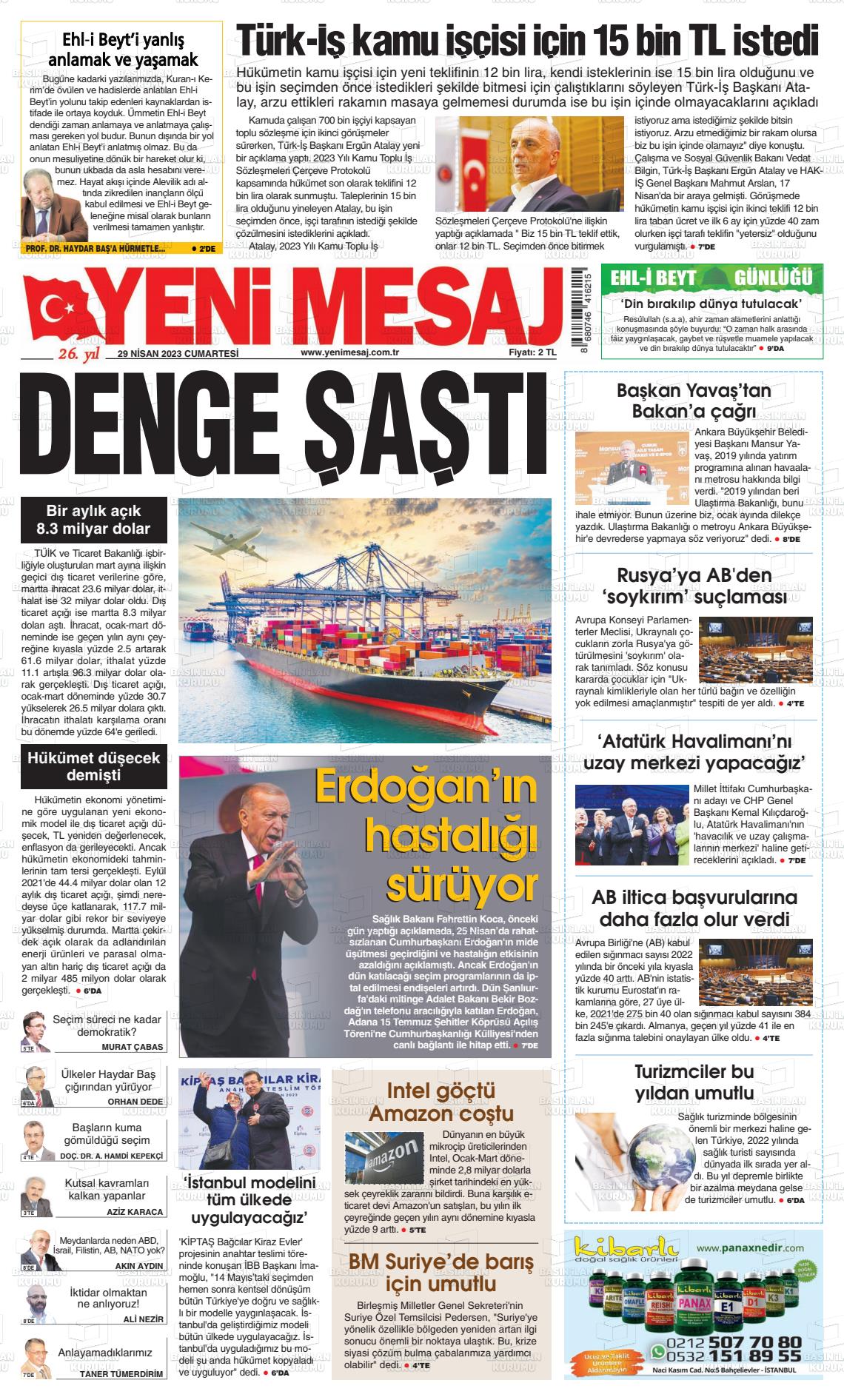 29 Nisan 2023 Yeni Mesaj Gazete Manşeti