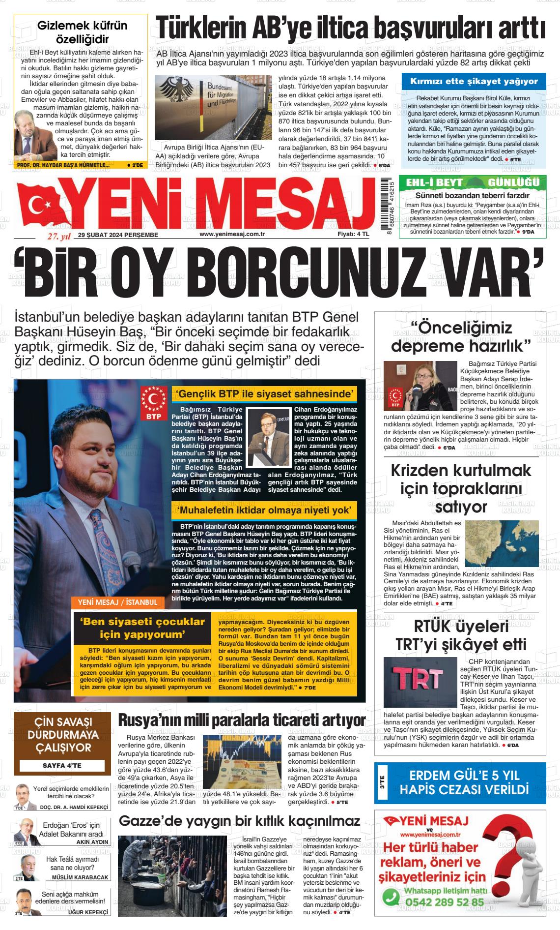 29 Şubat 2024 Yeni Mesaj Gazete Manşeti