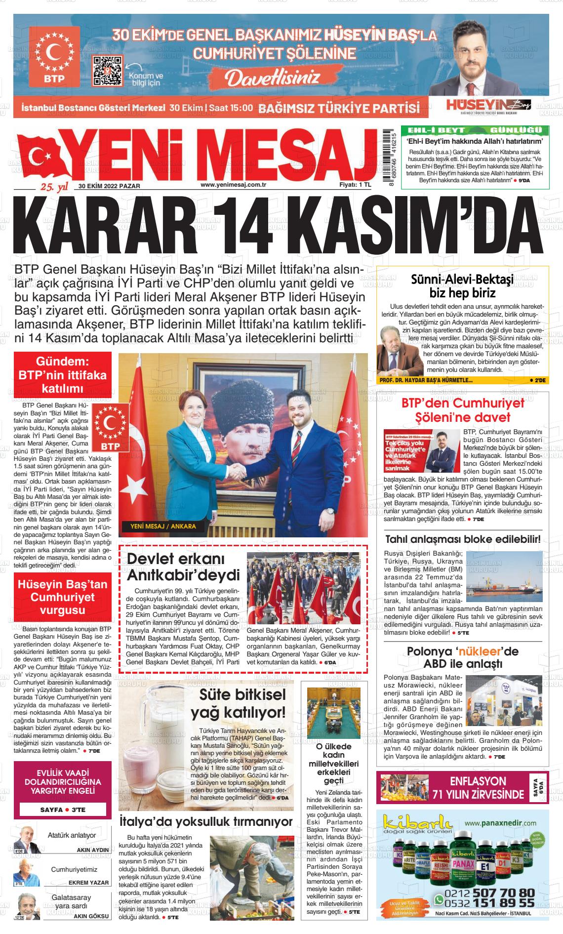 30 Ekim 2022 Yeni Mesaj Gazete Manşeti