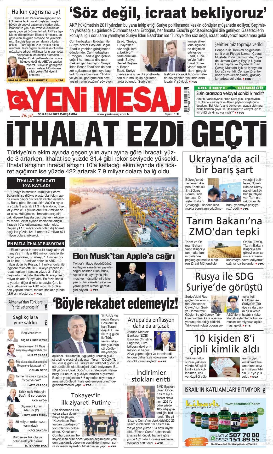 30 Kasım 2022 Yeni Mesaj Gazete Manşeti