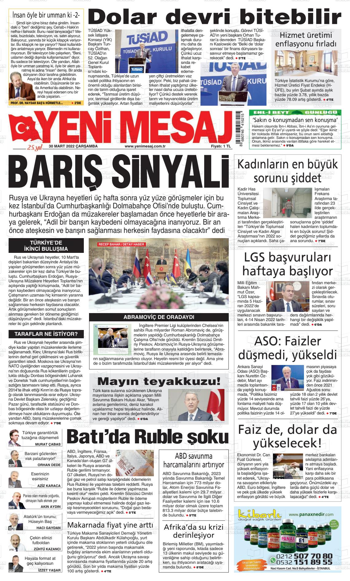 30 Mart 2022 Yeni Mesaj Gazete Manşeti