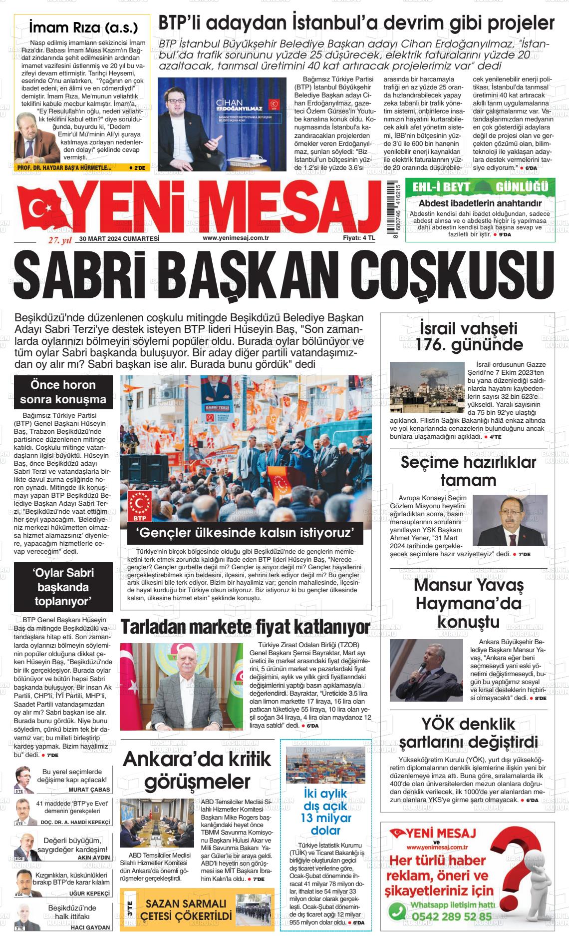 30 Mart 2024 Yeni Mesaj Gazete Manşeti