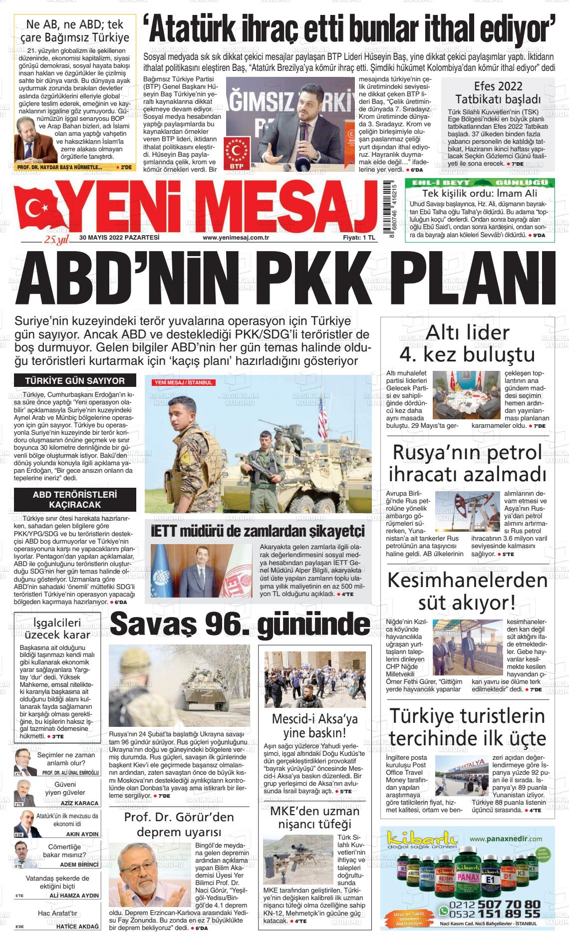 30 Mayıs 2022 Yeni Mesaj Gazete Manşeti