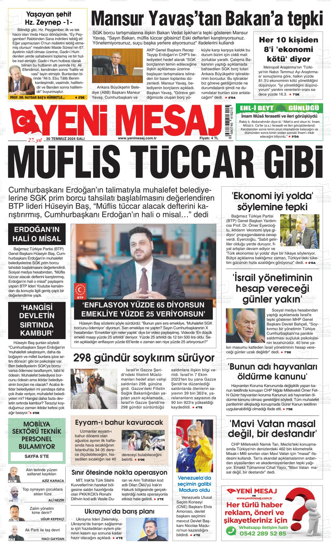 30 Temmuz 2024 Yeni Mesaj Gazete Manşeti