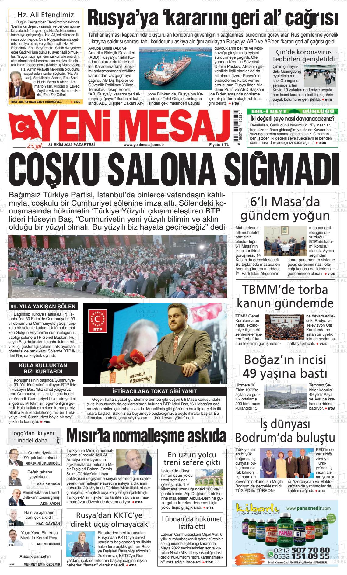 31 Ekim 2022 Yeni Mesaj Gazete Manşeti