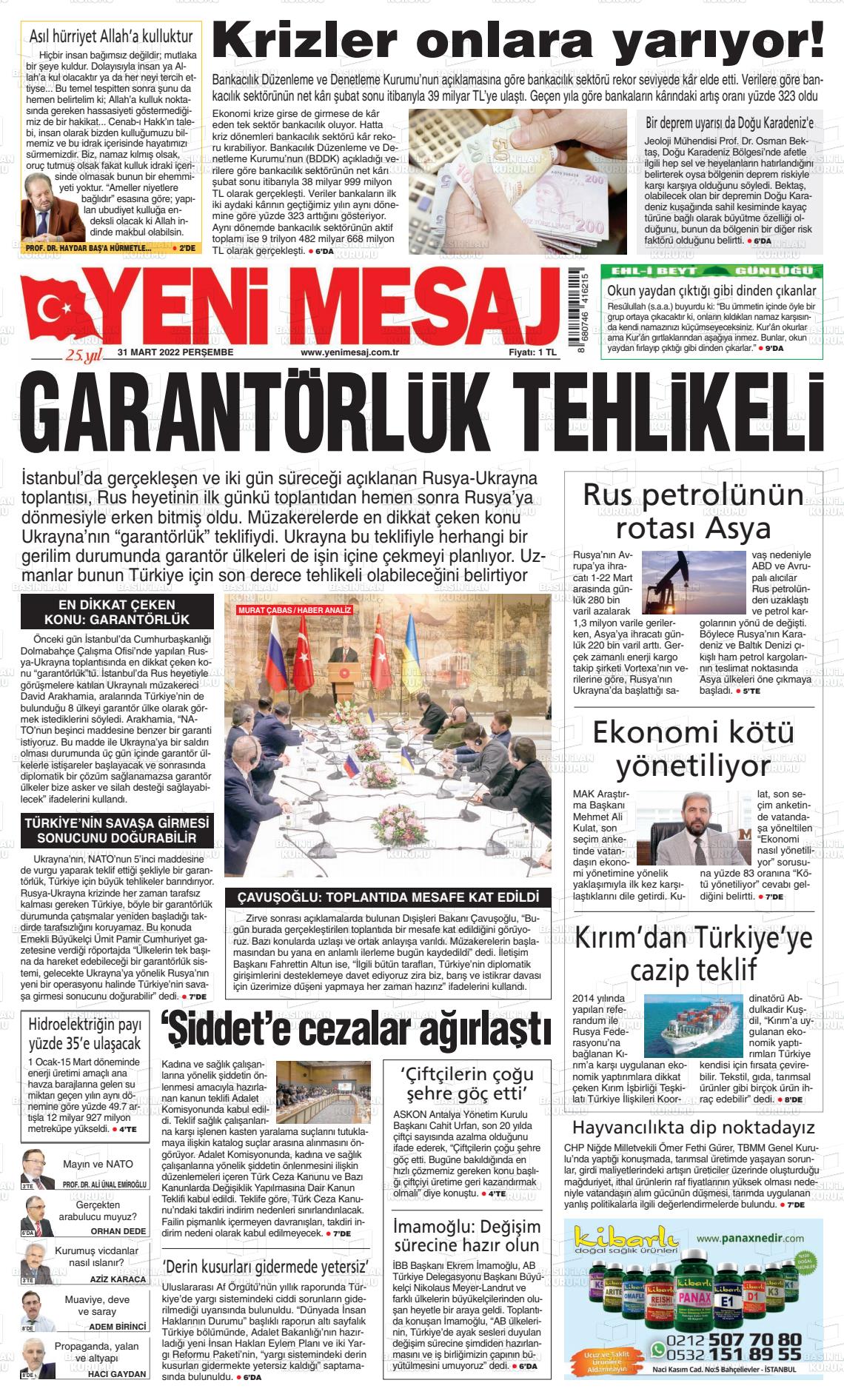 31 Mart 2022 Yeni Mesaj Gazete Manşeti