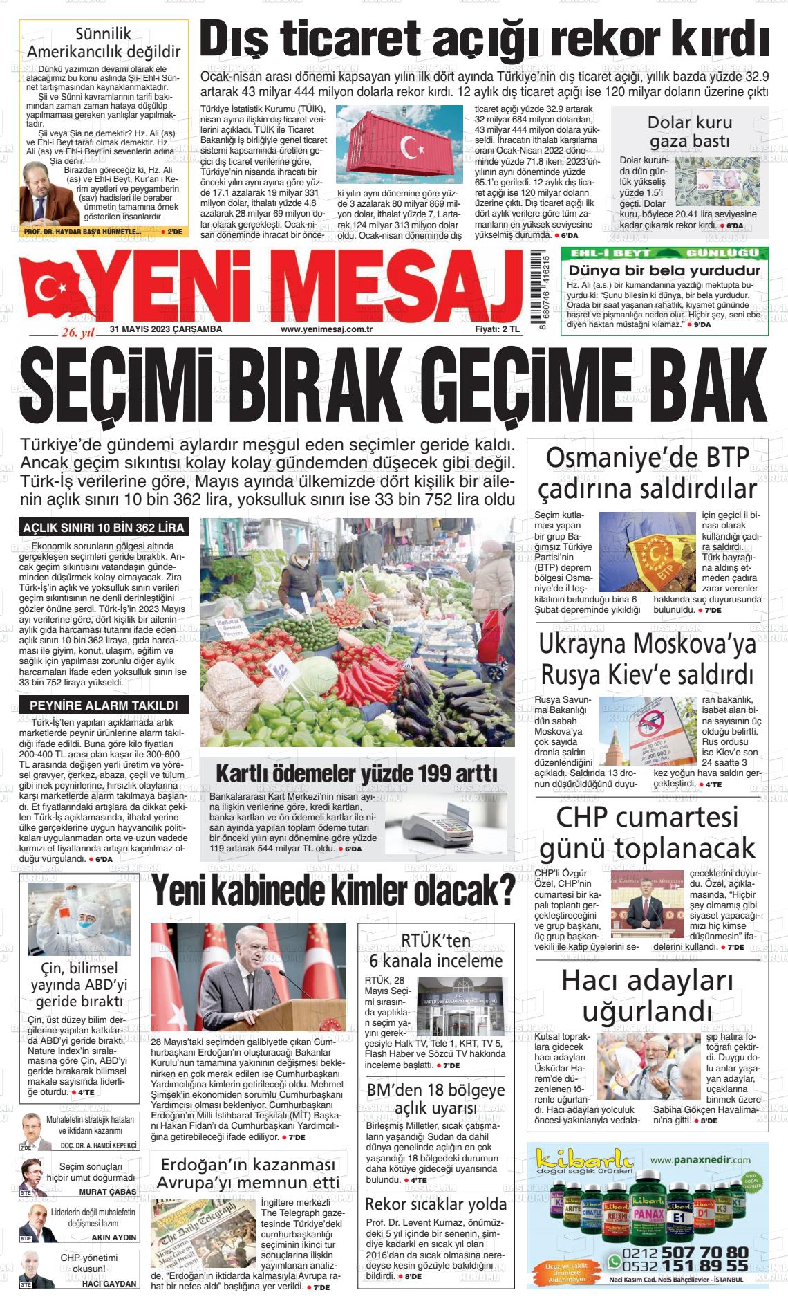 31 Mayıs 2023 Yeni Mesaj Gazete Manşeti